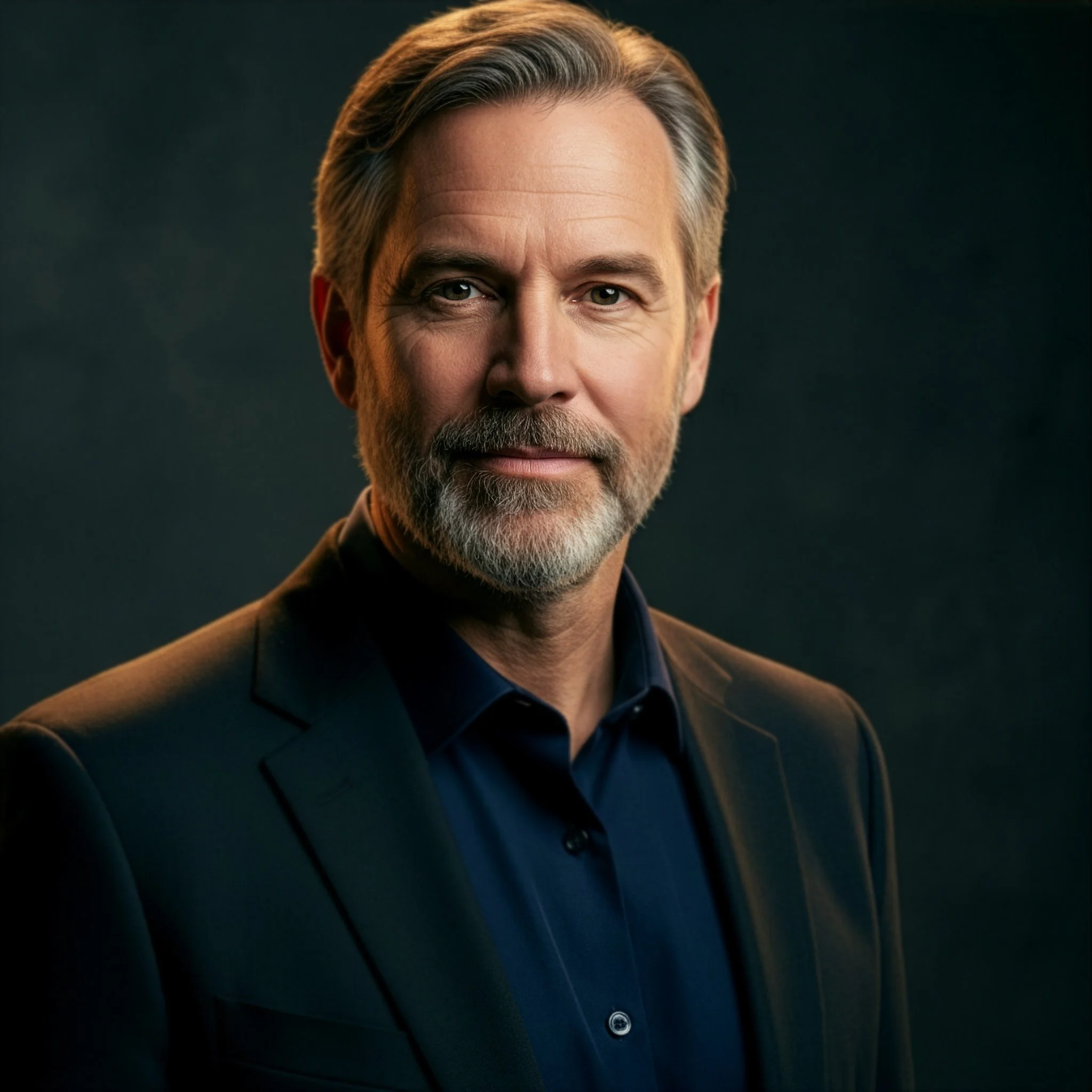 Porträt einer männlichen Fuehrungskraft im Alter von ca. 50 jahren, dunkler Hintergund, erdfarbenenes Businessoutfit