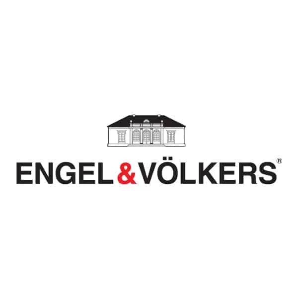 Logo of Engel & Völkers with a black and white illustration of a house above the company name in black and red font.