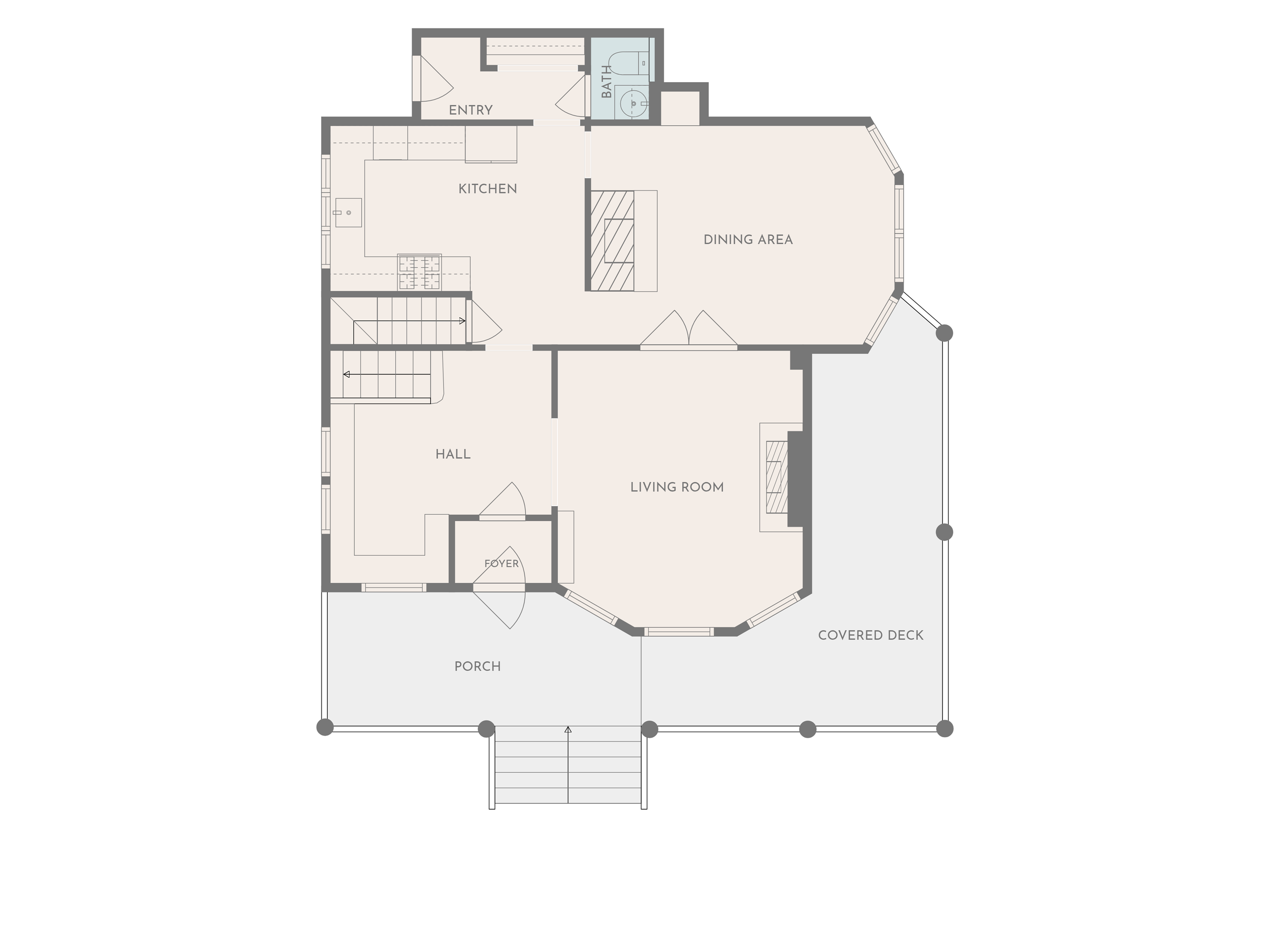 A detailed floor plan of a house including a porch, foyer, hall, living room, dining area, kitchen, bathroom, entry, and covered deck.