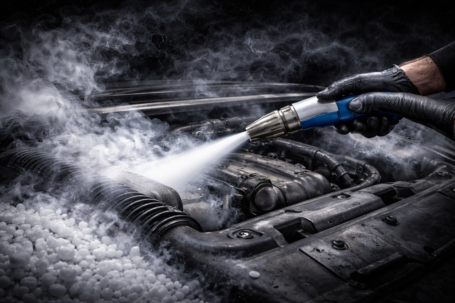 Person using a pressure washer to clean a car engine with foam and steam.