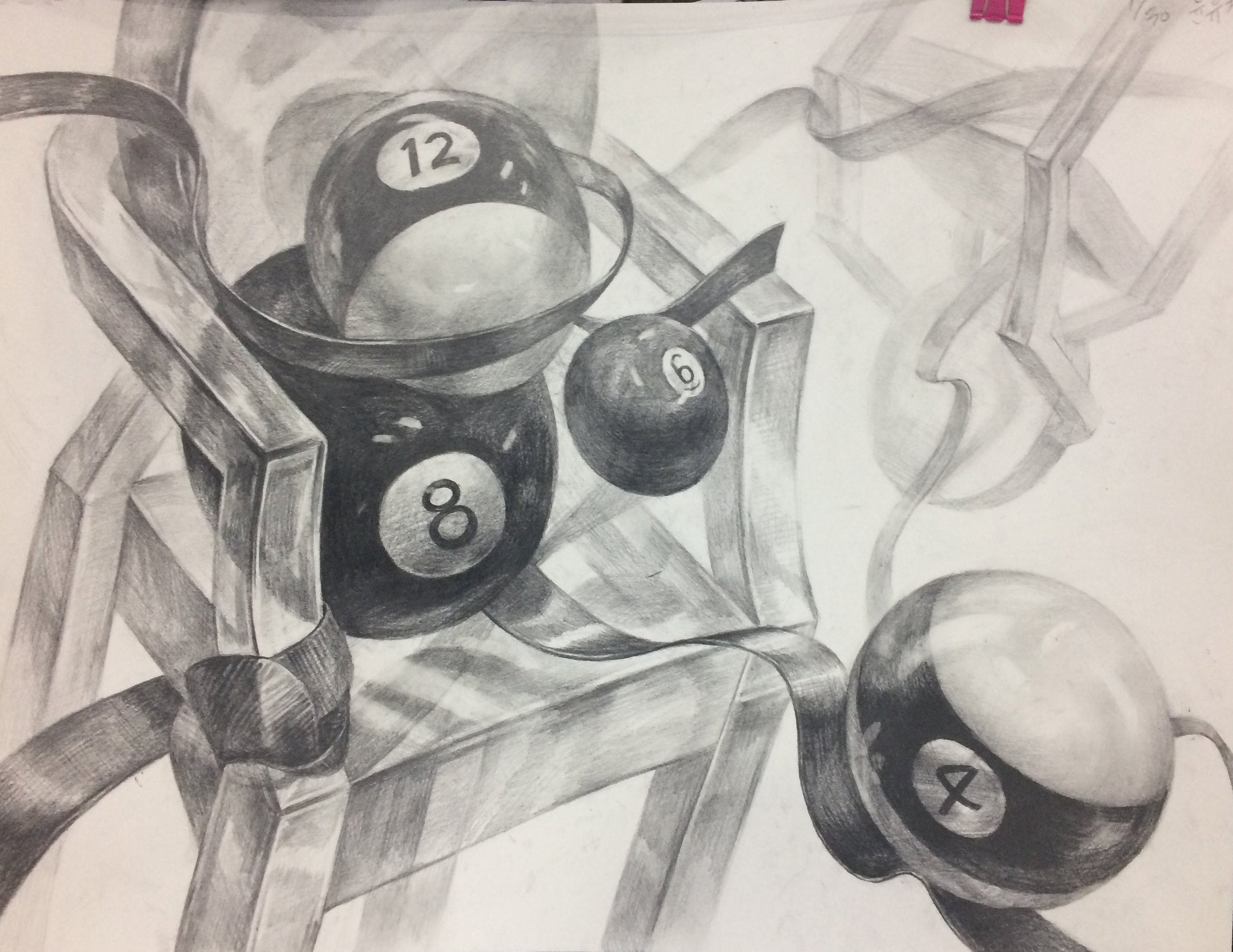 Composed a Scene with a Plastic Chair, Billiard Ball, and Ribbon, Depicted in Graphite Pencil