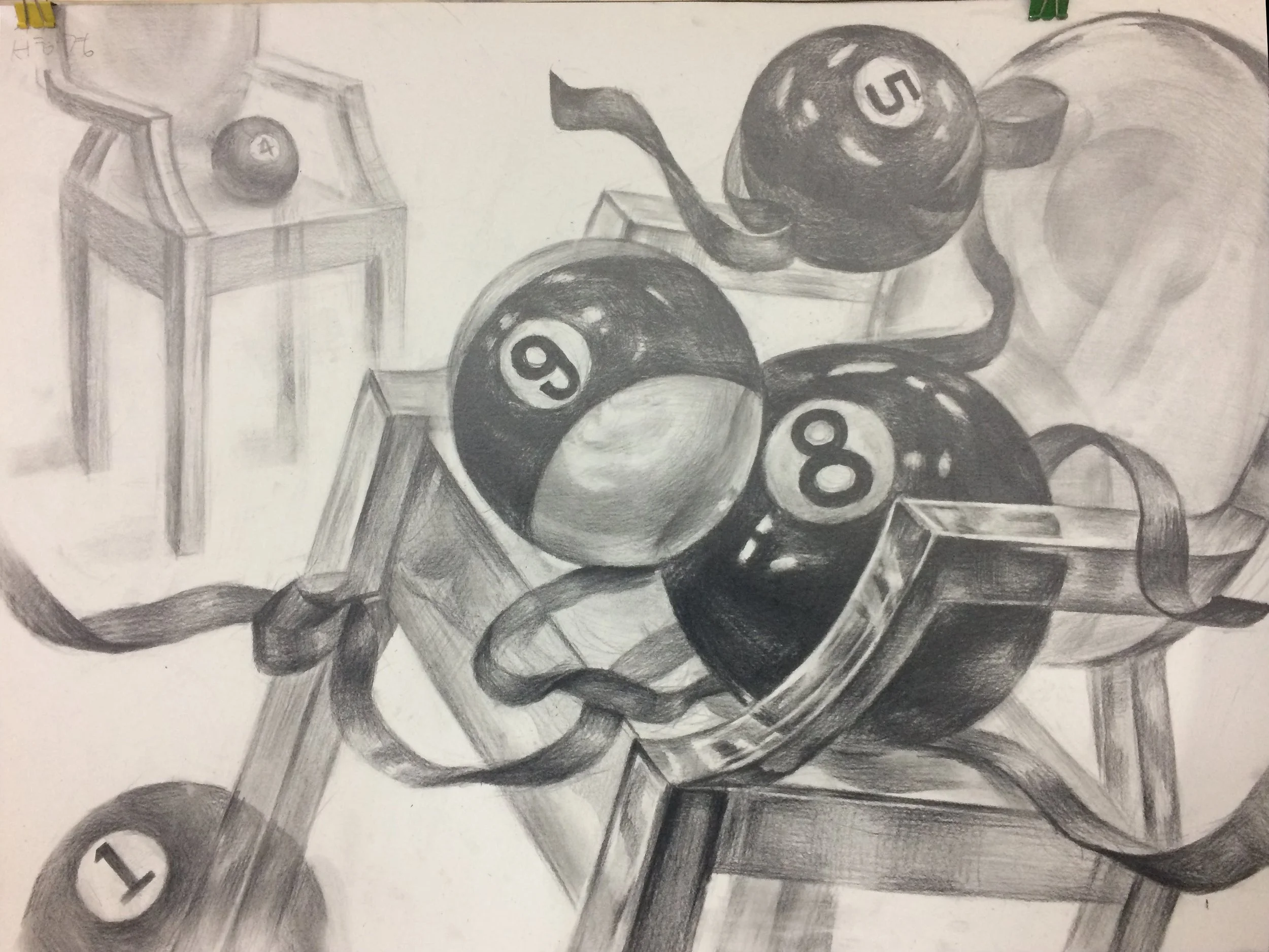 Composed a Scene with a Plastic Chair, Billiard Ball, and Ribbon, Depicted in Graphite Pencil