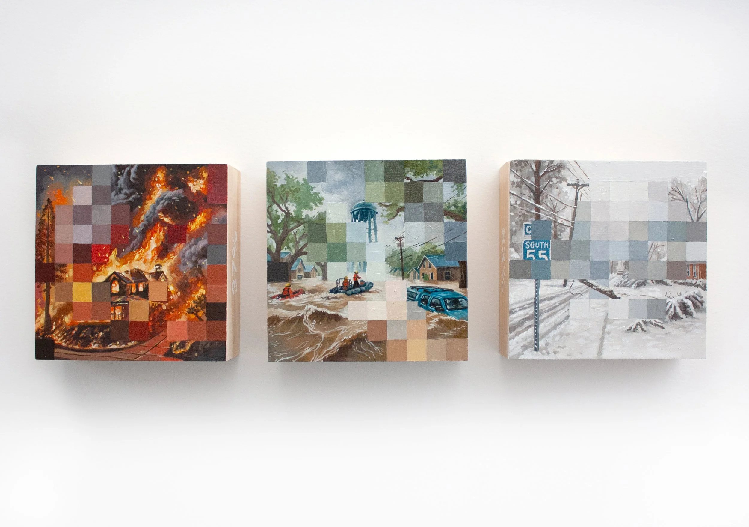 Estimated % of adults who are somewhat or very worried about global warming (nat’l avg. 63%) (YPCCC 2024), 2025, Oil on Woodboard, Each: 4x4 in (Overall: 4x12 in)