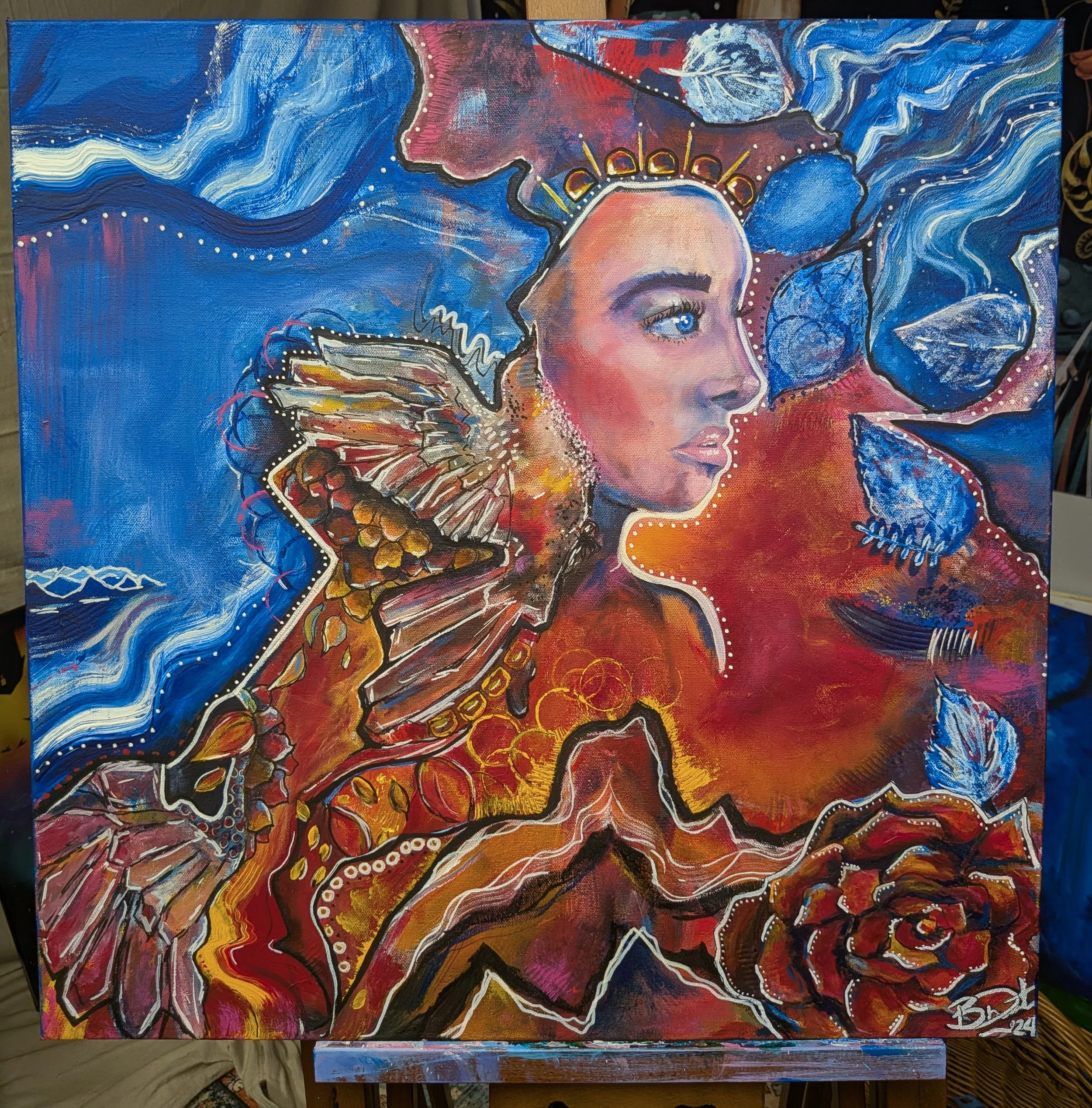 "Feel it all" -24" x 24" Acrylic on Canvas. 

This painting is one I thought I finished in 2024, then changed a little in 2026. It's a piece that is inspired by the elements; earth, air, water, fire - i allowed my intuition space to just freefall wit