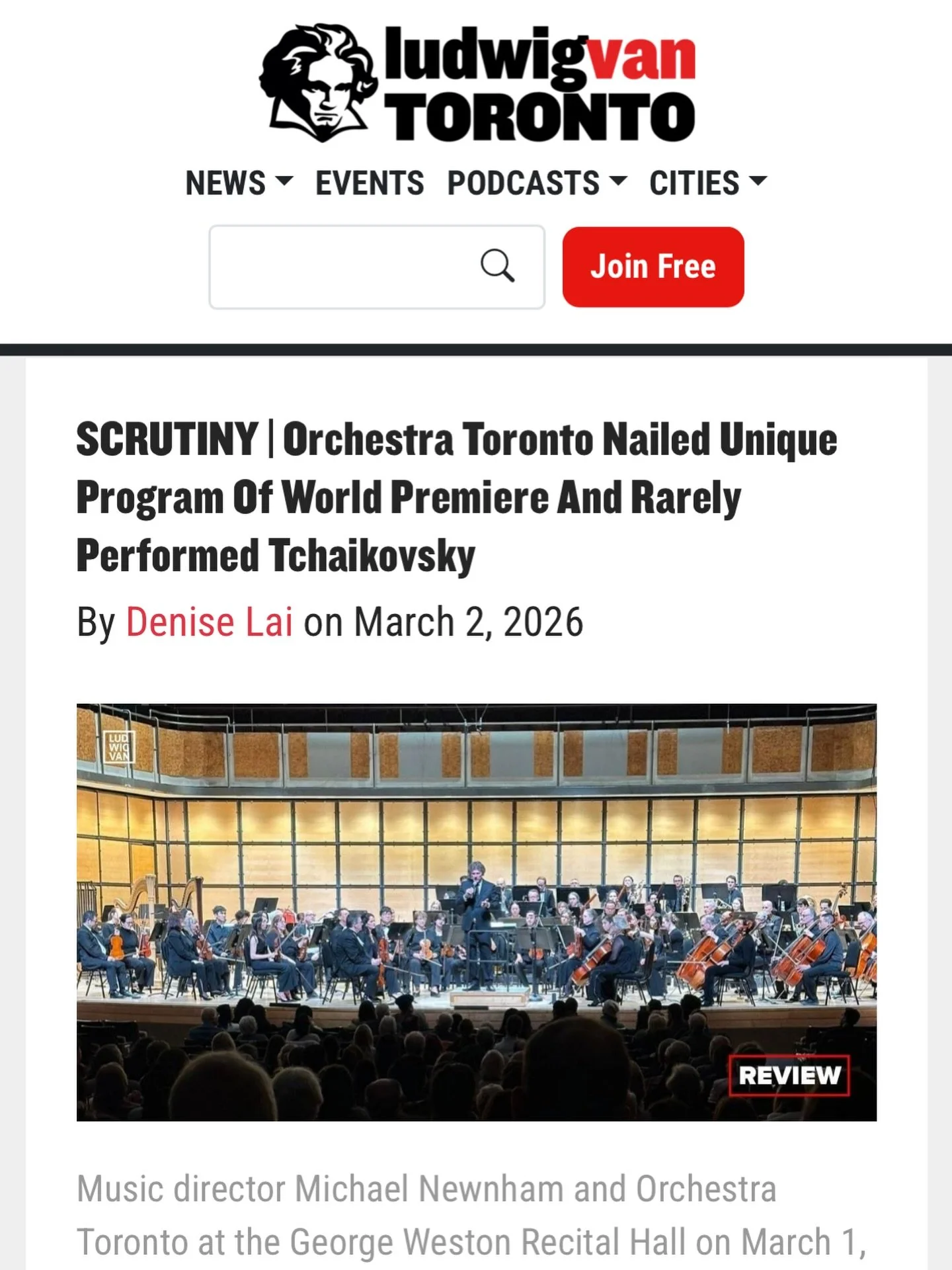&ldquo;Orchestra Toronto Nailed the Premier of a New Canadian Work and Tchaikovsky&rdquo;

Thank you to @ludwigvantoronto and Denise Lai for your stellar review of yesterday&rsquo;s performance! Link in our story for the full review! ❤️