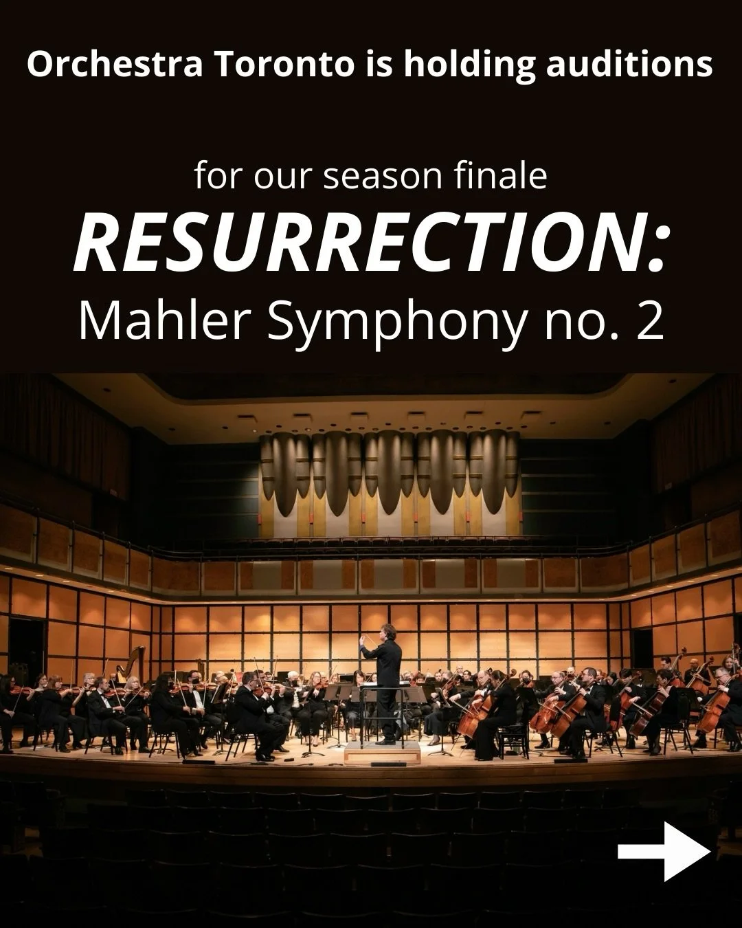 Calling all musicians!! Orchestra Toronto is now auditioning for our season finale, Resurrection: Mahler&rsquo;s Symphony No. 2, with immediate openings for: 

&bull;Violas
&bull;Violins
&bull;Cellos
&bull;Trumpet
&bull;Horn

Rehearsals are held in t