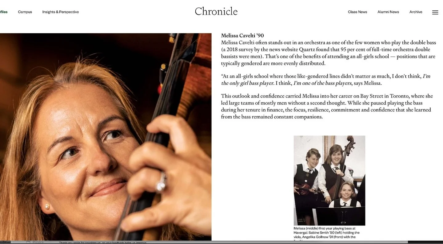 Our Board Chair, Melissa Cavelti, was recently featured in Havergal College&rsquo;s Chronicle. In this article, Melissa discusses how early musical experiences can build confidence, leadership, and lifelong passion, ultimately bringing those skills b