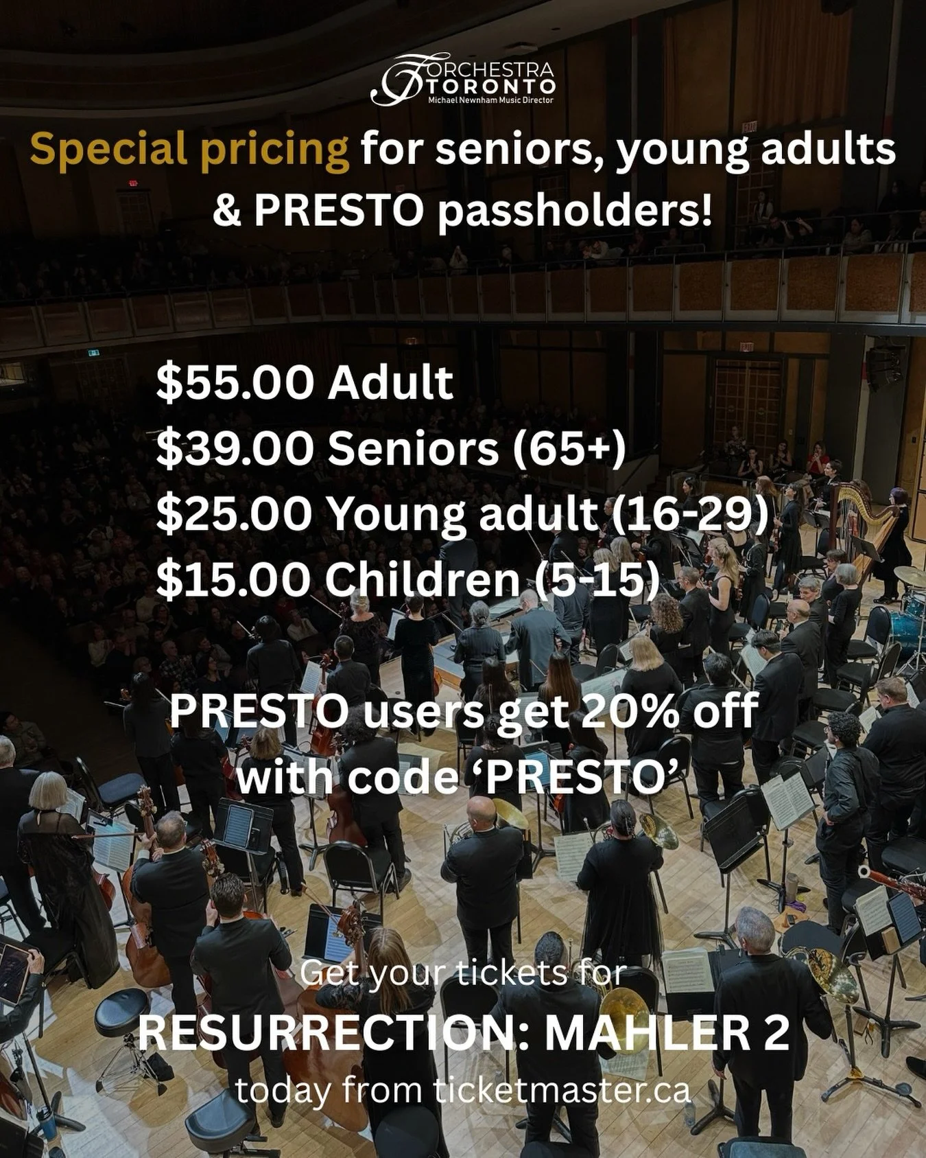 Classical music should be accessible for everyone. That&rsquo;s why we offer competitive prices on our tickets, with special discounts for young adults and seniors. We also have a discount for PRESTO users! Enter code &lsquo;PRESTO&rsquo; to save 20%