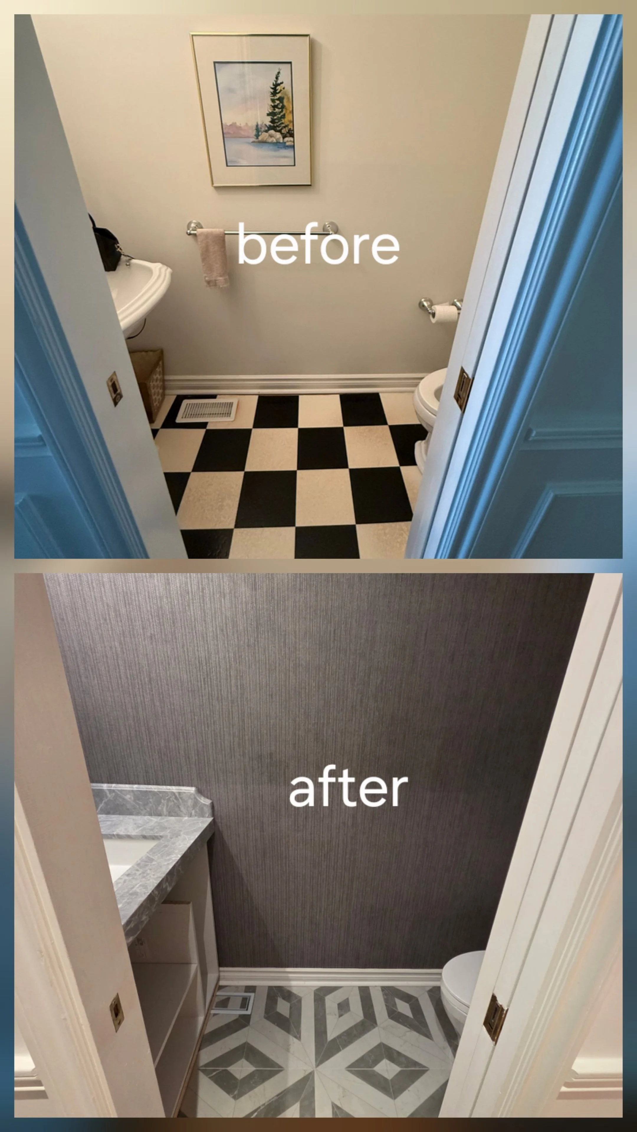 Comparison of a bathroom before and after renovation. The before image shows a small bathroom with black and white checkered flooring, plain white walls, a basic sink, and a framed picture on the wall. The after image displays a modernized bathroom with patterned gray and white tile flooring, textured gray wallpaper, and a marble countertop.