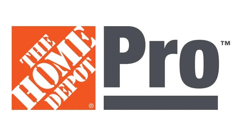 The logo of The Home Depot Pro brand, featuring an orange square with white diagonal text and black lettering to the right.