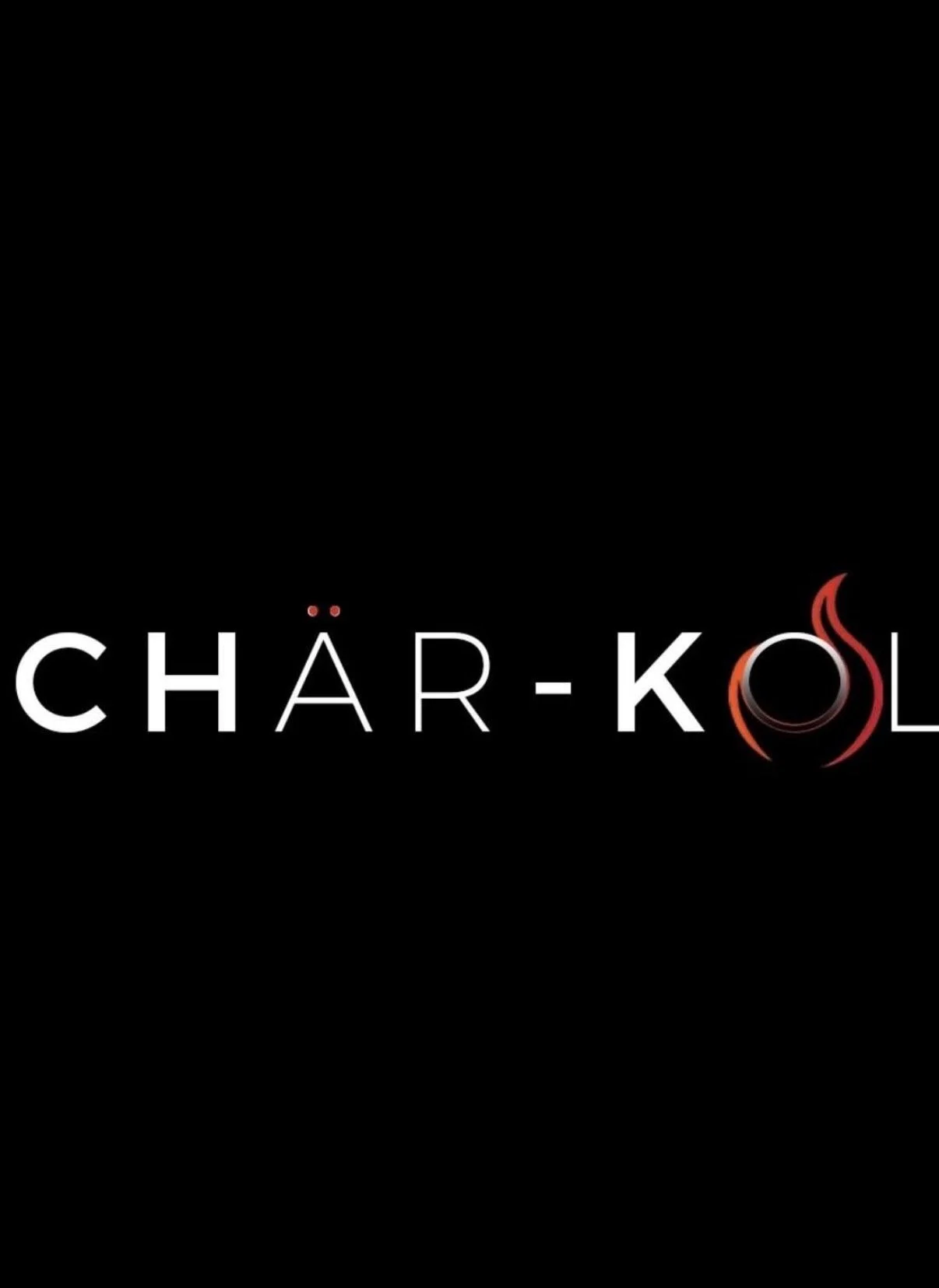 Stylized text reading 'Char-Kol' with a black background; the letter 'O' is designed as a fire flame with red and orange colors.