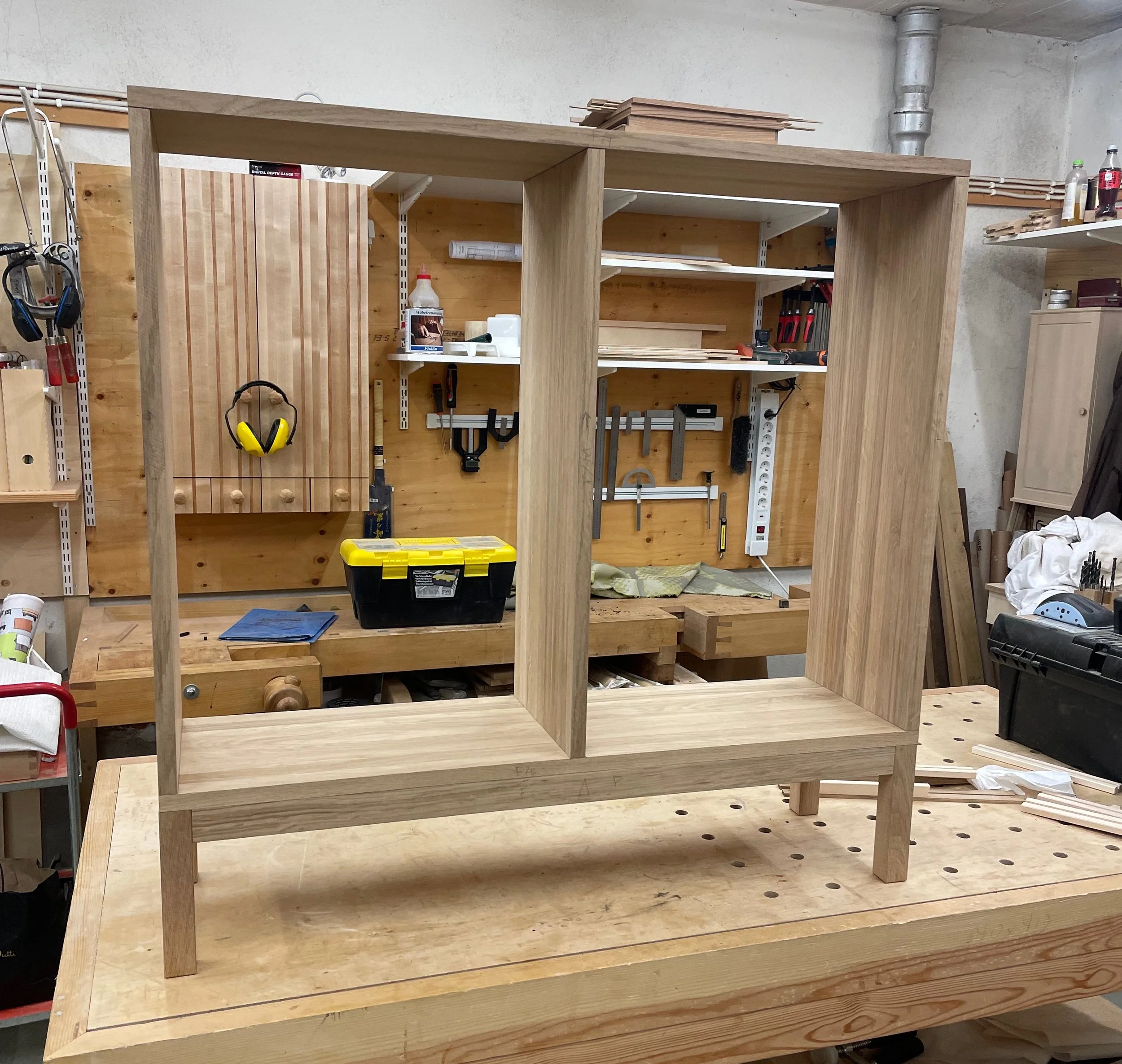 Wooden cabinet under construction in workshop