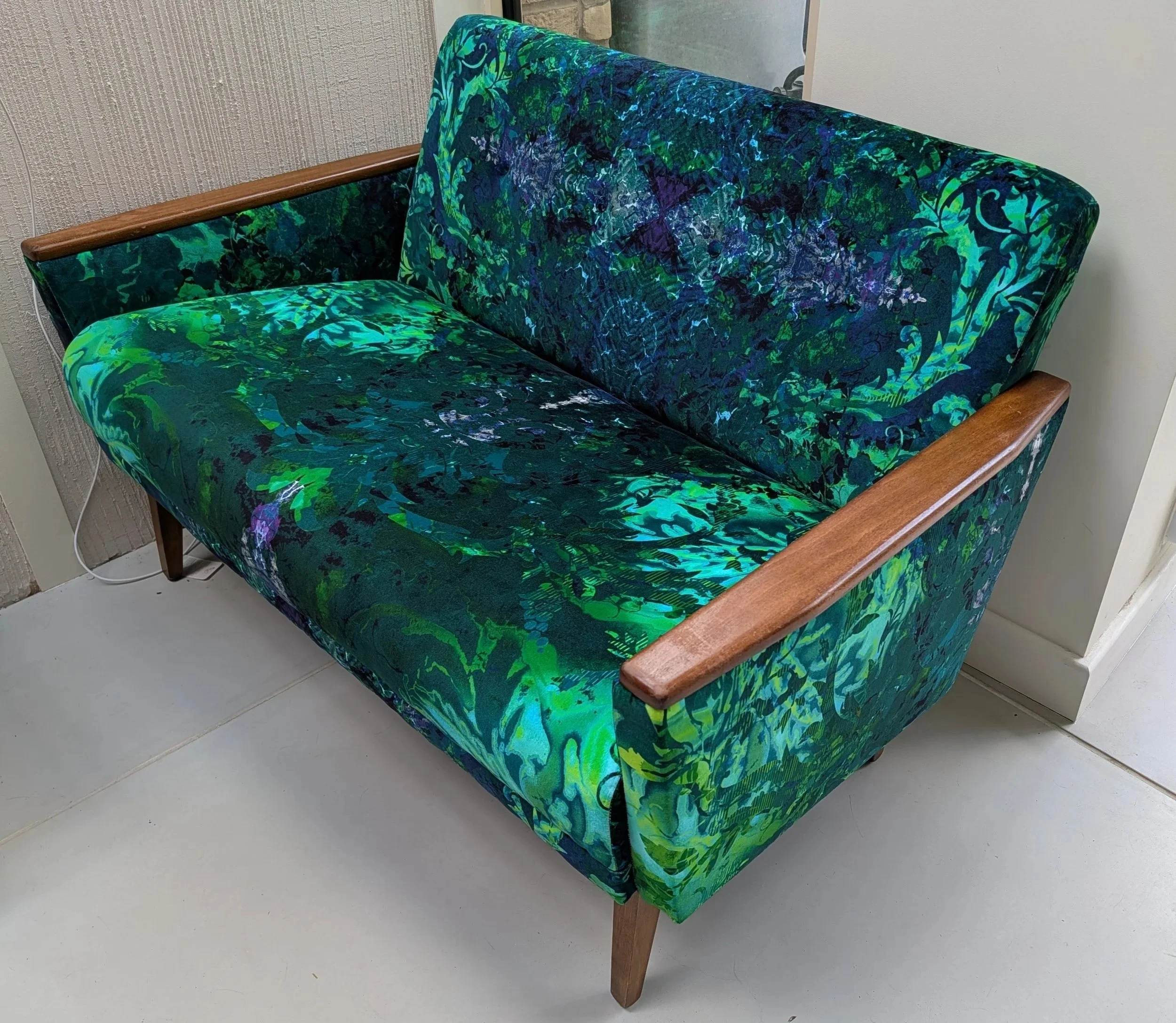 Small sofa reupholstered in Timorous Beasties velvet