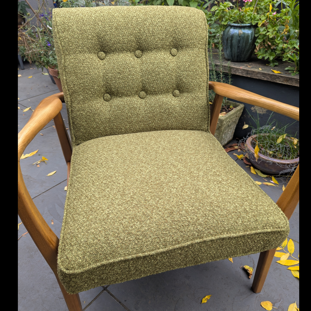 Armchair reupholstered in Designers Guild bouclé