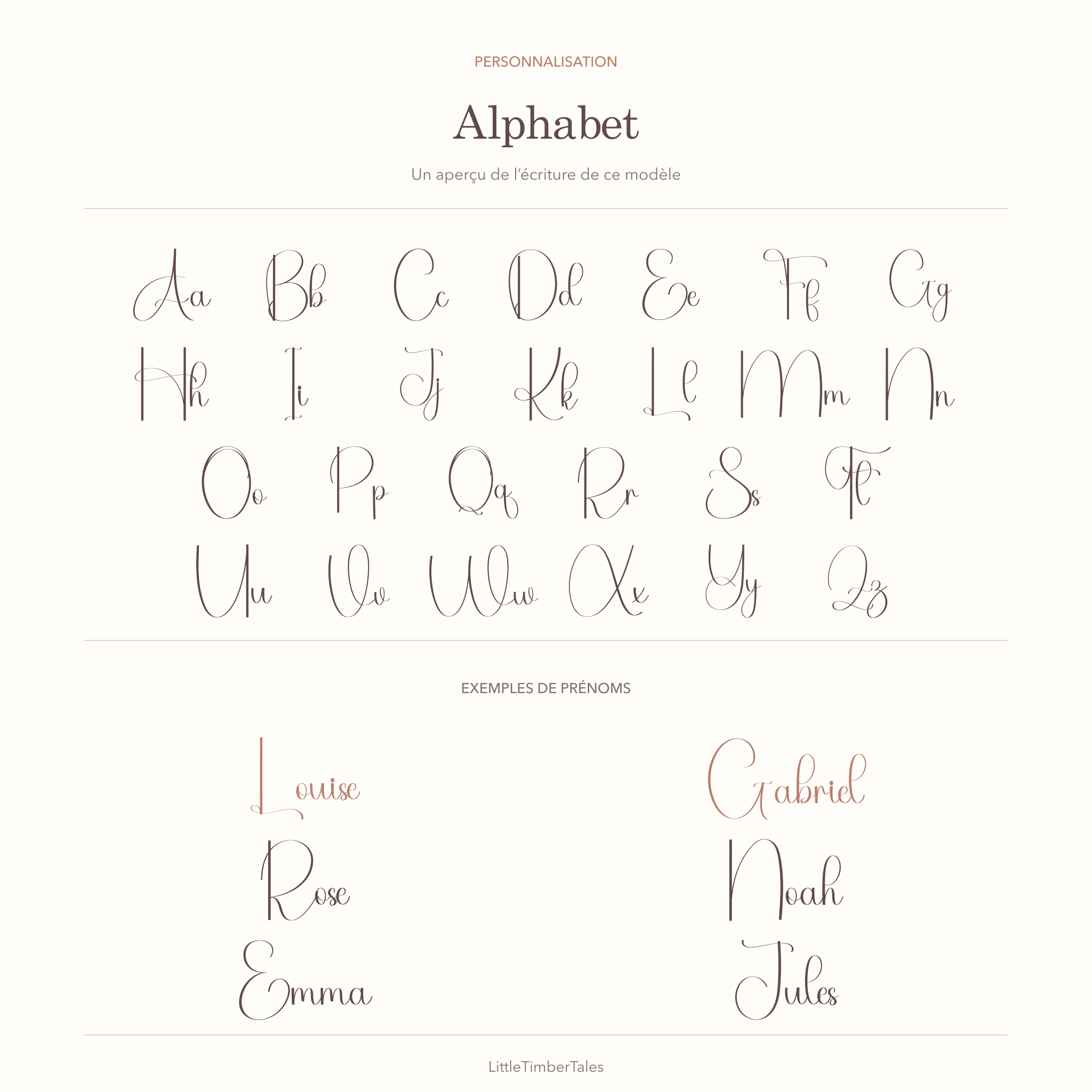 Alphabet et exemples de prénoms pour la carte de naissance ronde « Bienvenue »
