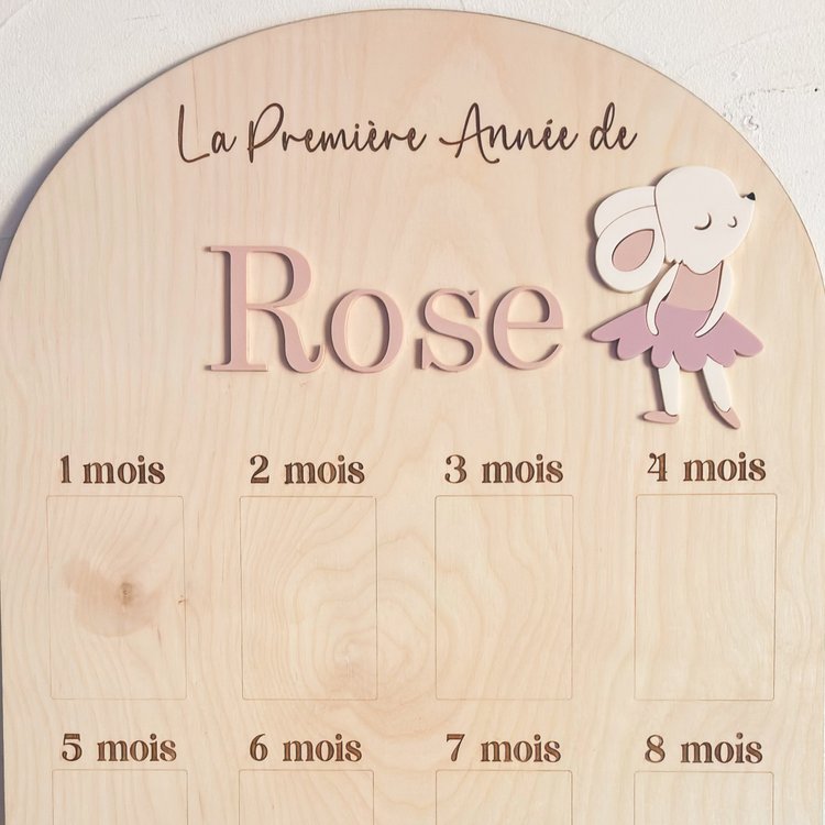 Panneau photo première année avec petite souris danseuse et prénom Rose