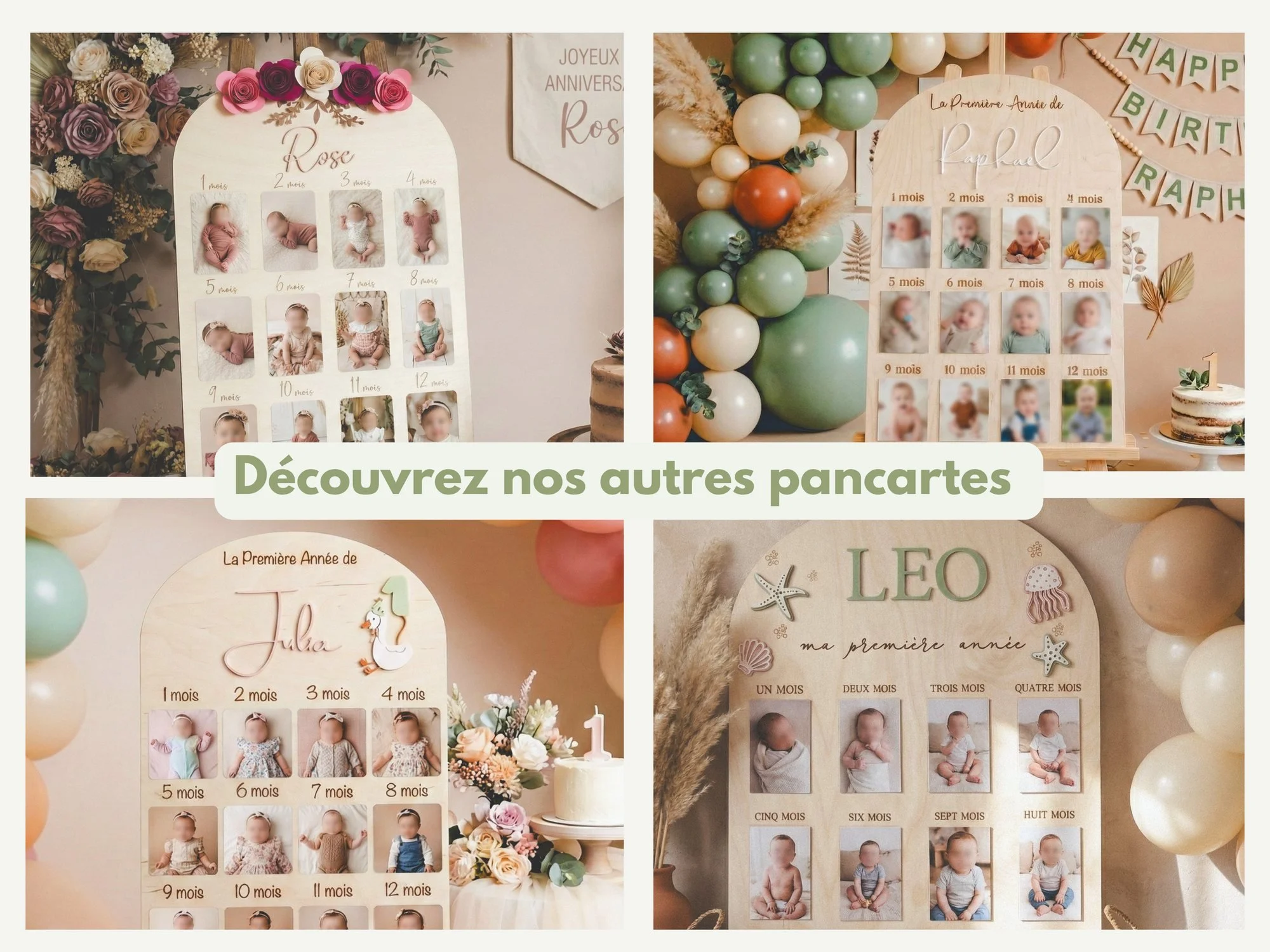 Montage « Découvrez nos autres pancartes » présentant quatre autres panneaux photo première année