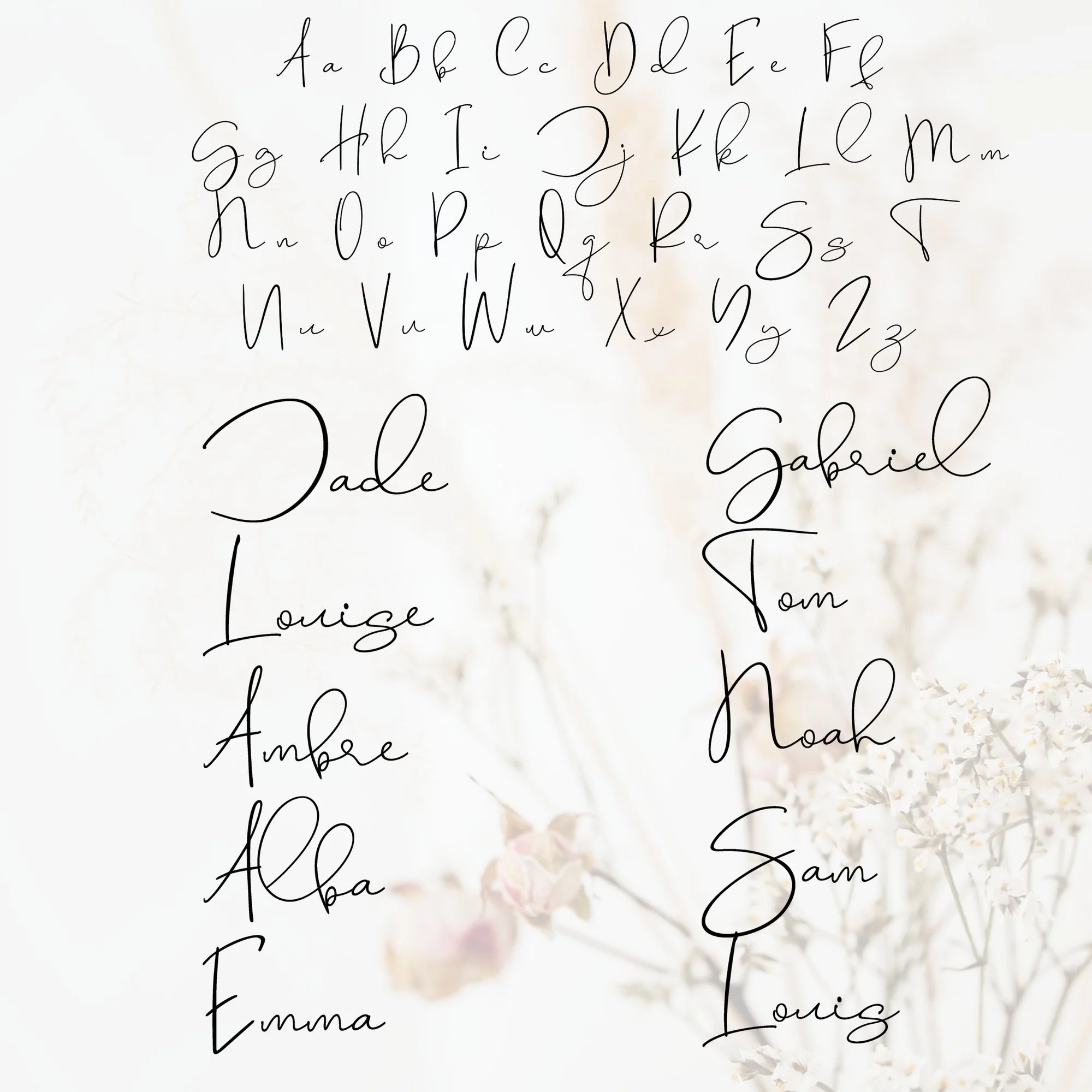 Alphabet de l’écriture attachée proposée pour le prénom, avec exemples de prénoms