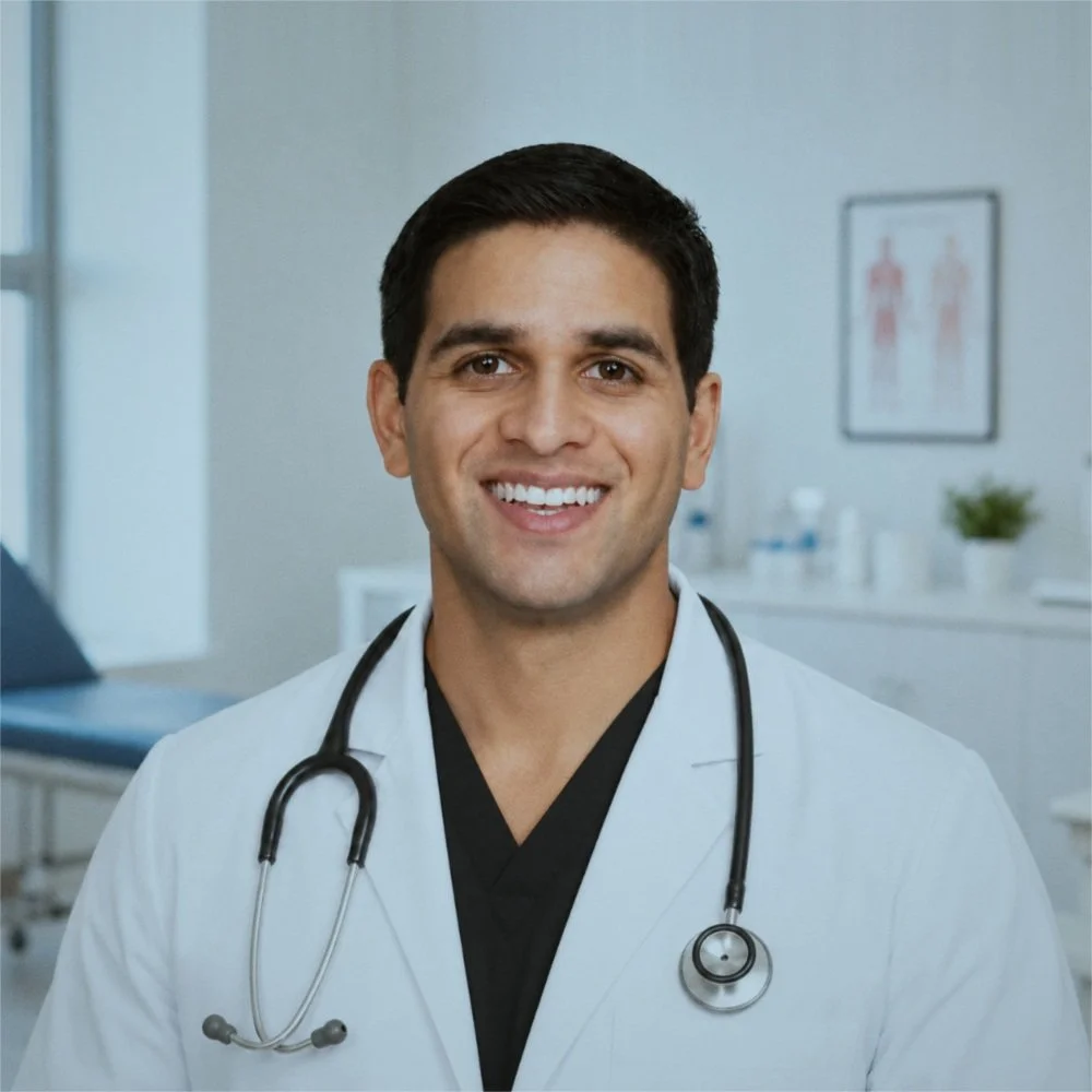 A male doctor smiling, wearing a white coat and stethoscope, in a medical office or hospital setting.
