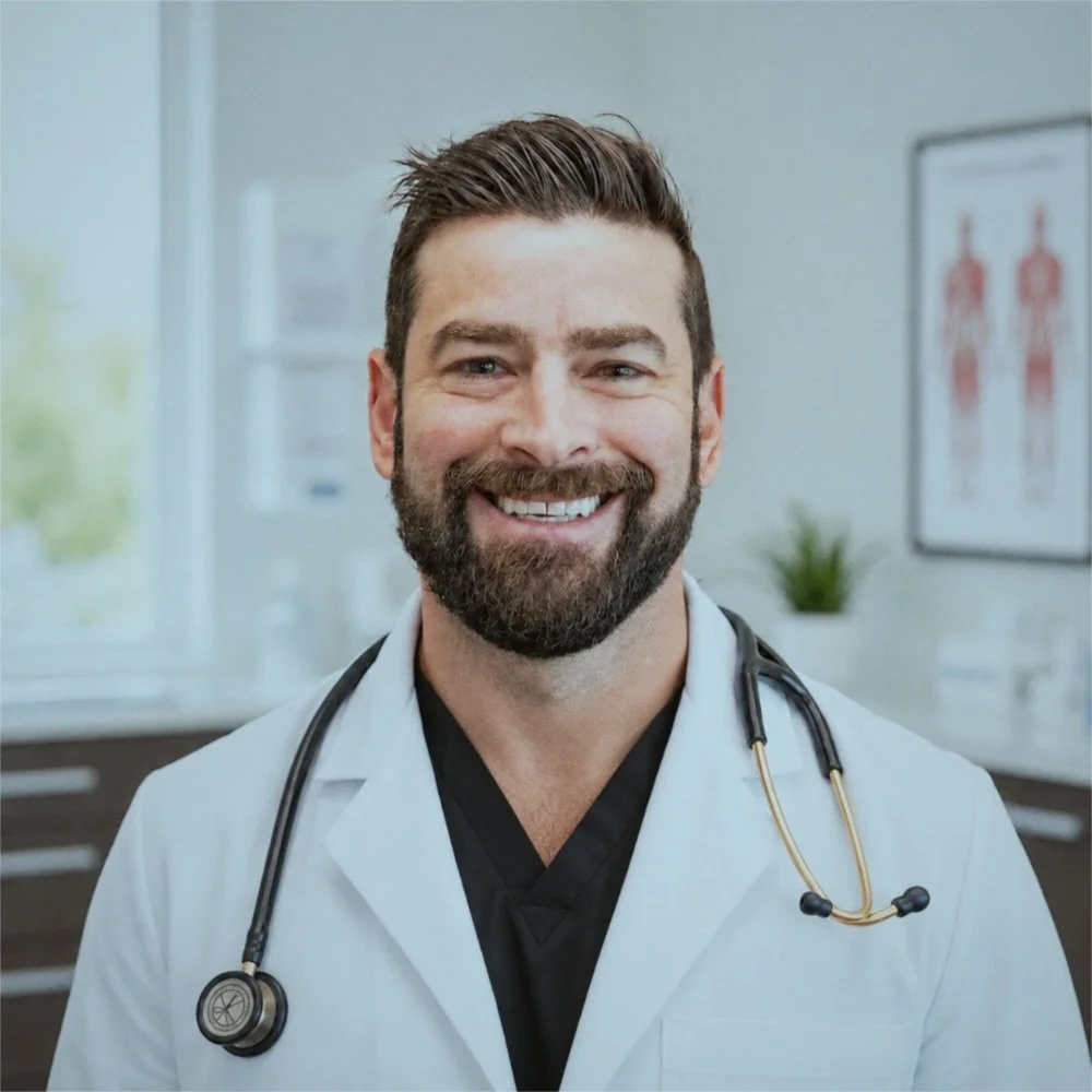 Smiling male doctor with a stethoscope around his neck, in a medical office or clinic.