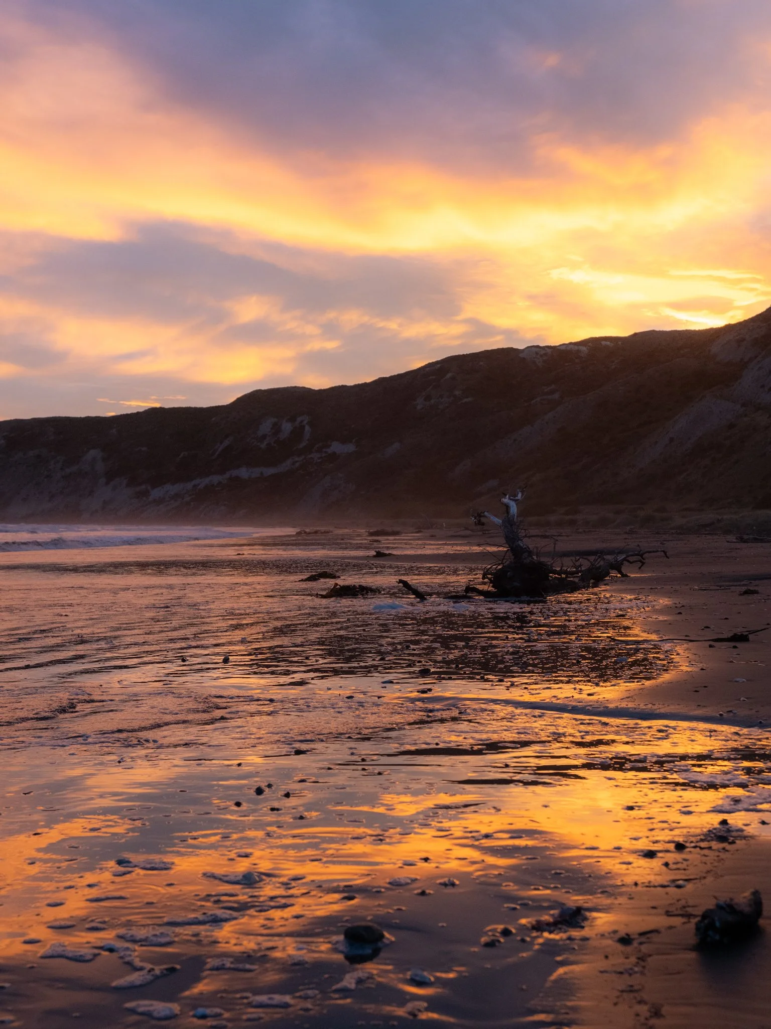 Sunset over a beach with a sandy shoreline, driftwood, and reflections of the colorful sky in the water, with hills in the background.