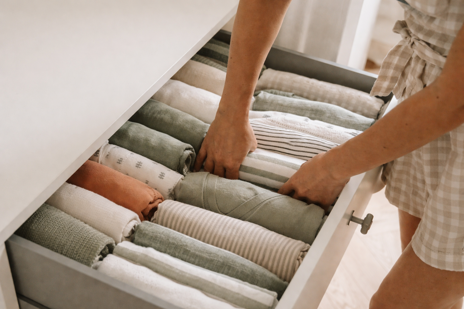 Person organizing a drawer filled with neatly rolled fabric or clothing items.