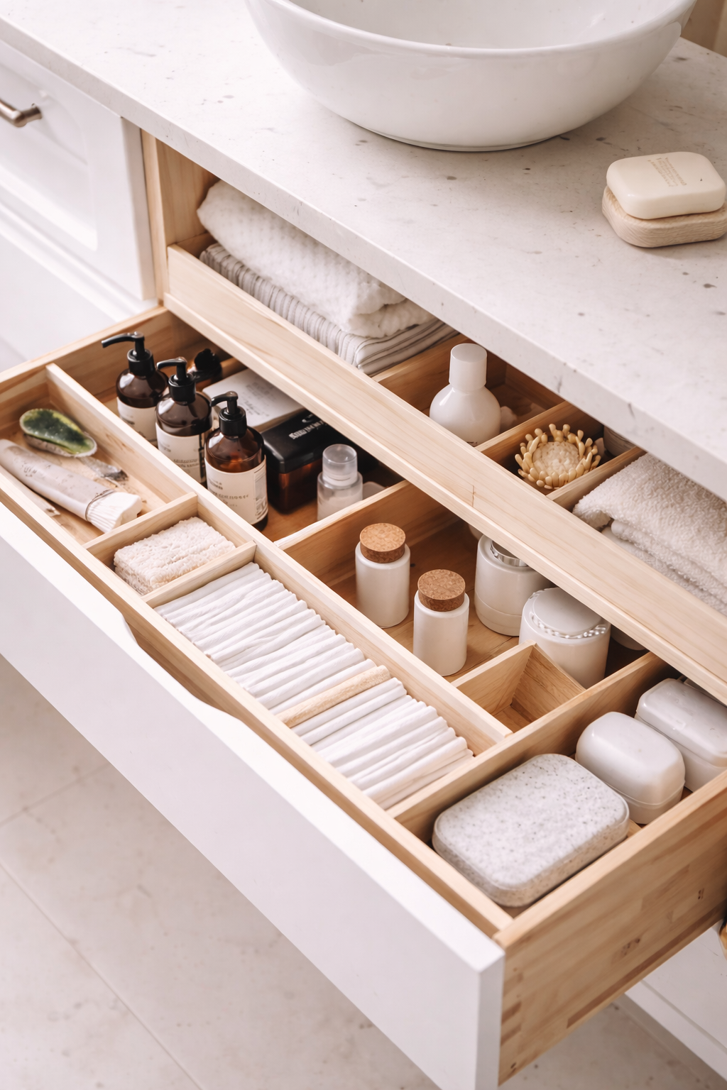 Open bathroom drawer with organized skincare, soap, towels, and toiletries, alongside a white countertop with a white bowl and soap.