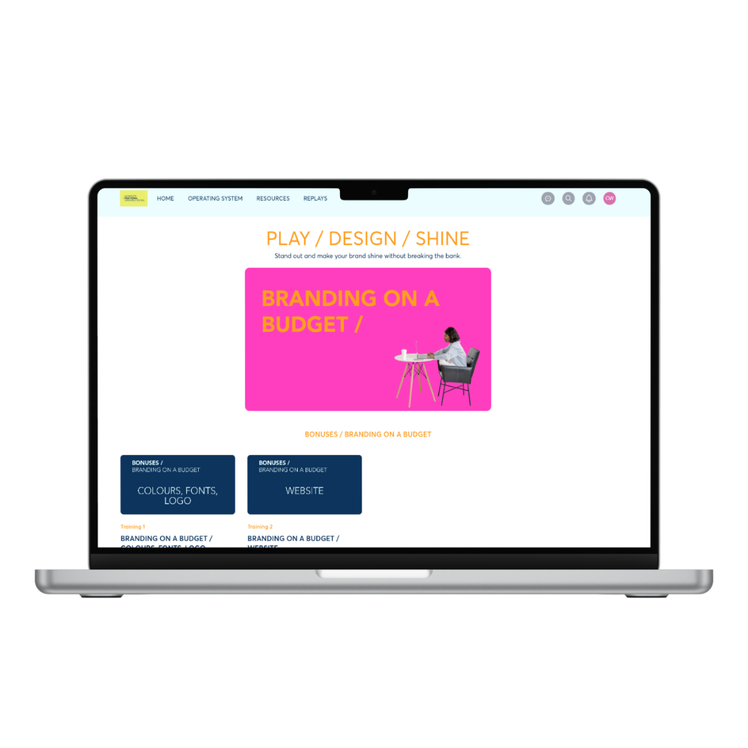 Laptop screen displaying a website about branding, with a pink banner that says 'Branding on a Budget' and a woman working at a desk.