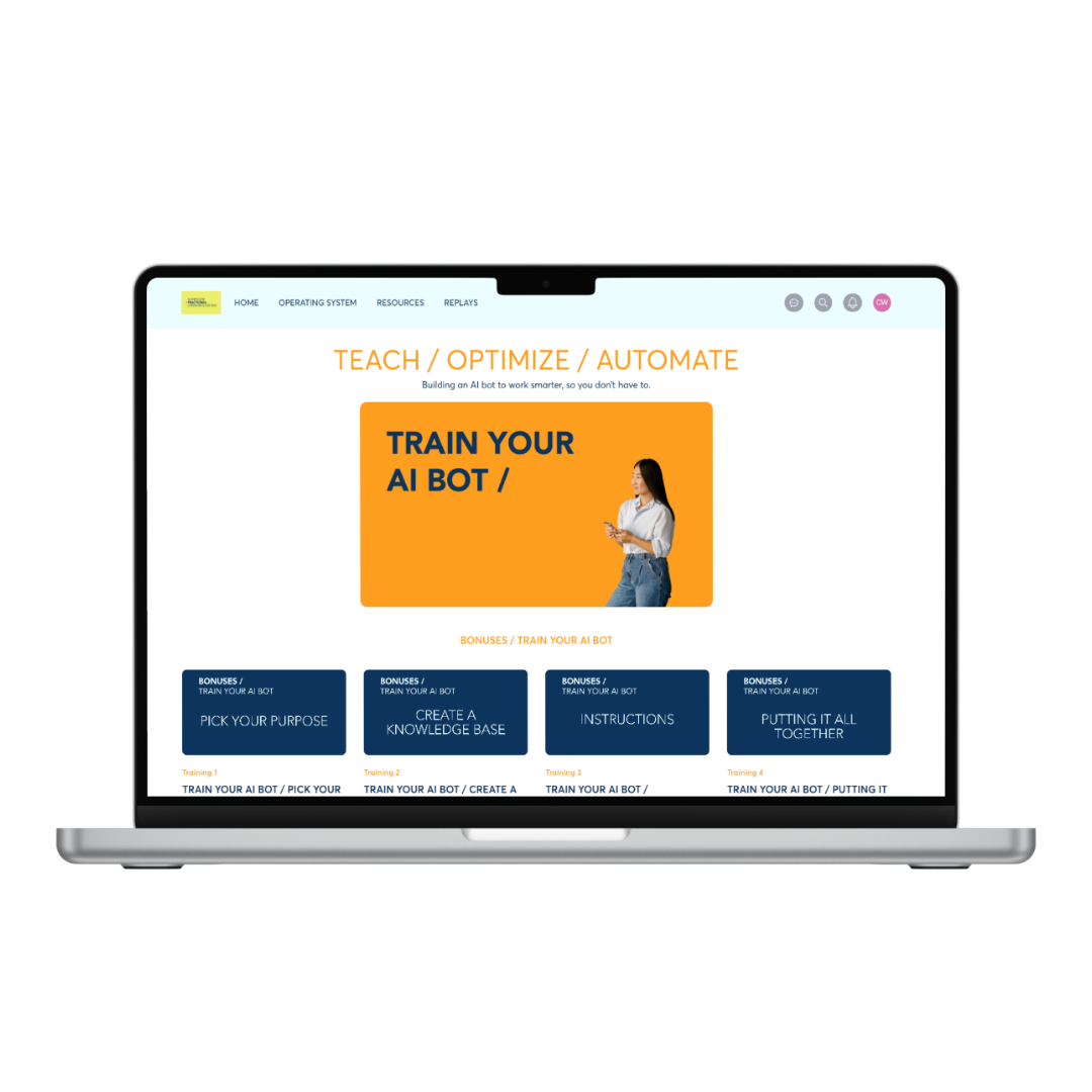 Laptop screen displaying a website about training and optimizing AI bots, with a large orange section titled "Train Your AI Bot" and a woman holding a phone. The navigation menu includes Home, Operating System, Resources, and Replays.