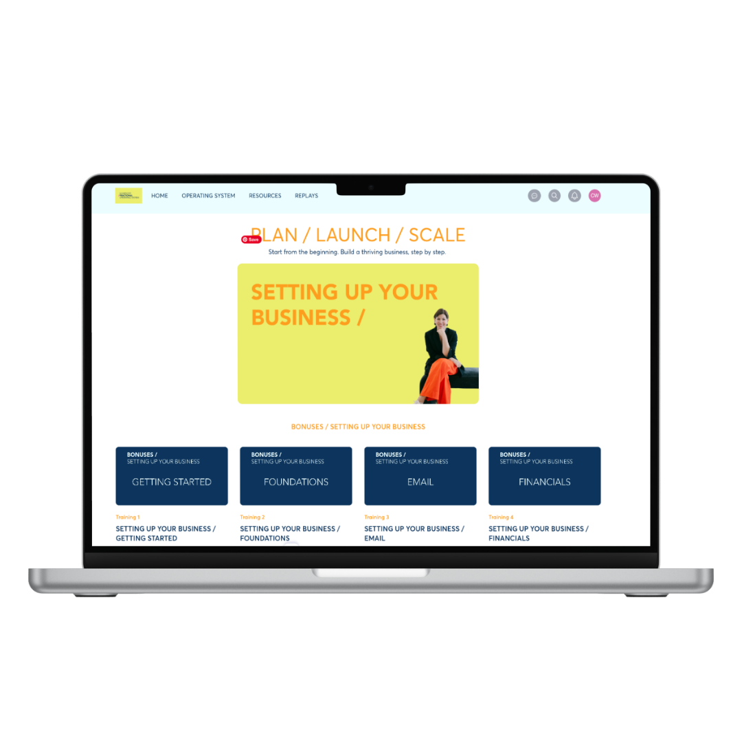 Laptop screen displaying a website about planning, launching, and scaling a business, with a section titled 'Setting Up Your Business' showing options for getting started, foundations, email, and financials.