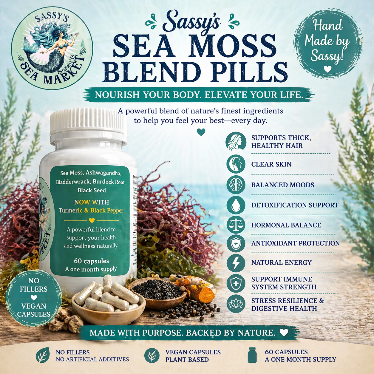 Sea Moss, Ashwagandha, Bladderwrack, Burdock Root, Black Seed, NOW WITH Turmeric and Black Pepper Pills