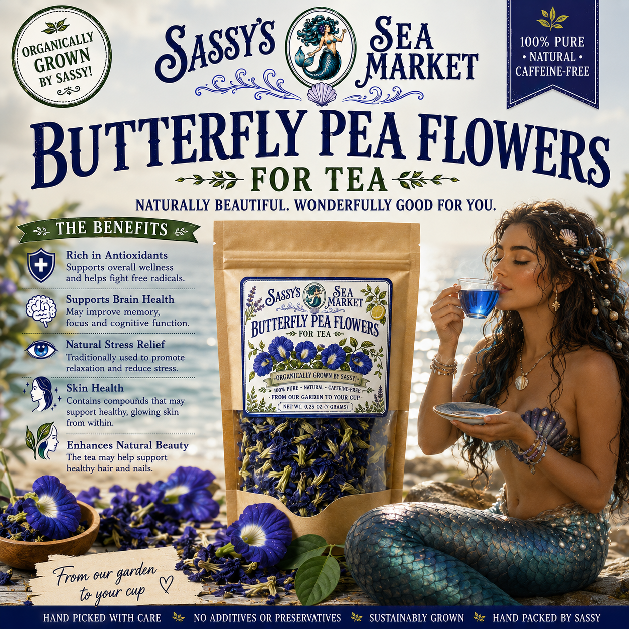 Sassy’s Organically Grown Butterfly Pea Flowers for Tea