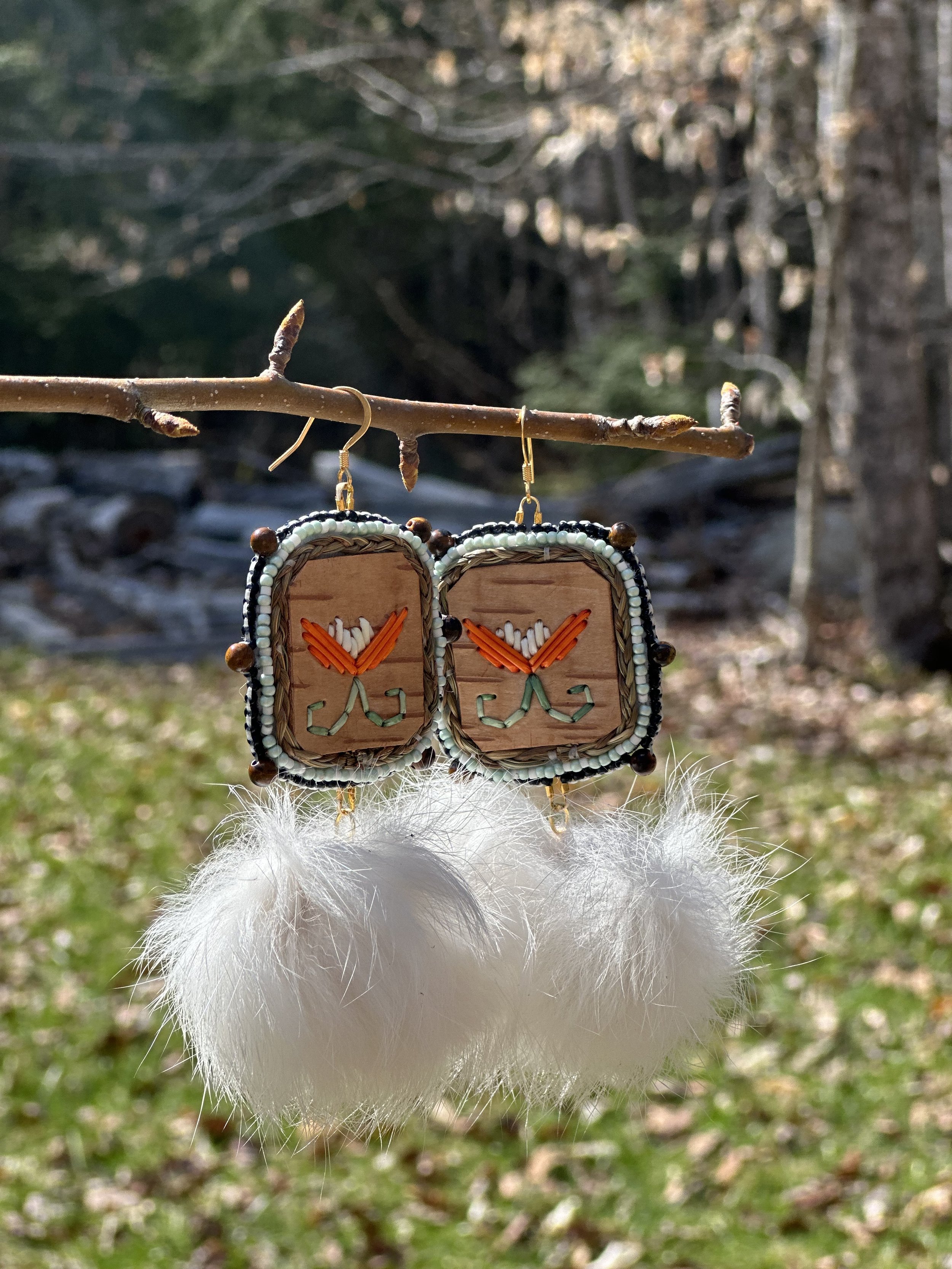 Porcupine quilled earrings w/ rabbit fur