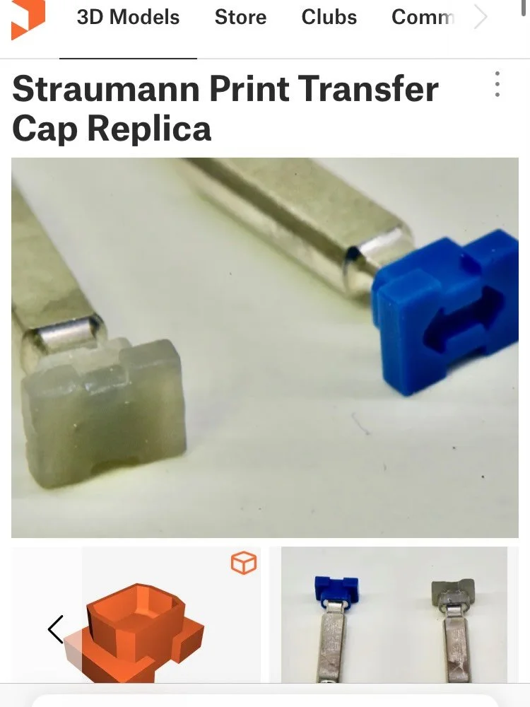 Since Straumann would not let us buy the small blue plastic caps for the transfers, I made a replica. You will need an SLA printer for it, and maybe some scaling to have a perfect fit. Tested on Form3B. 
 I also made an endo file holder for your endo