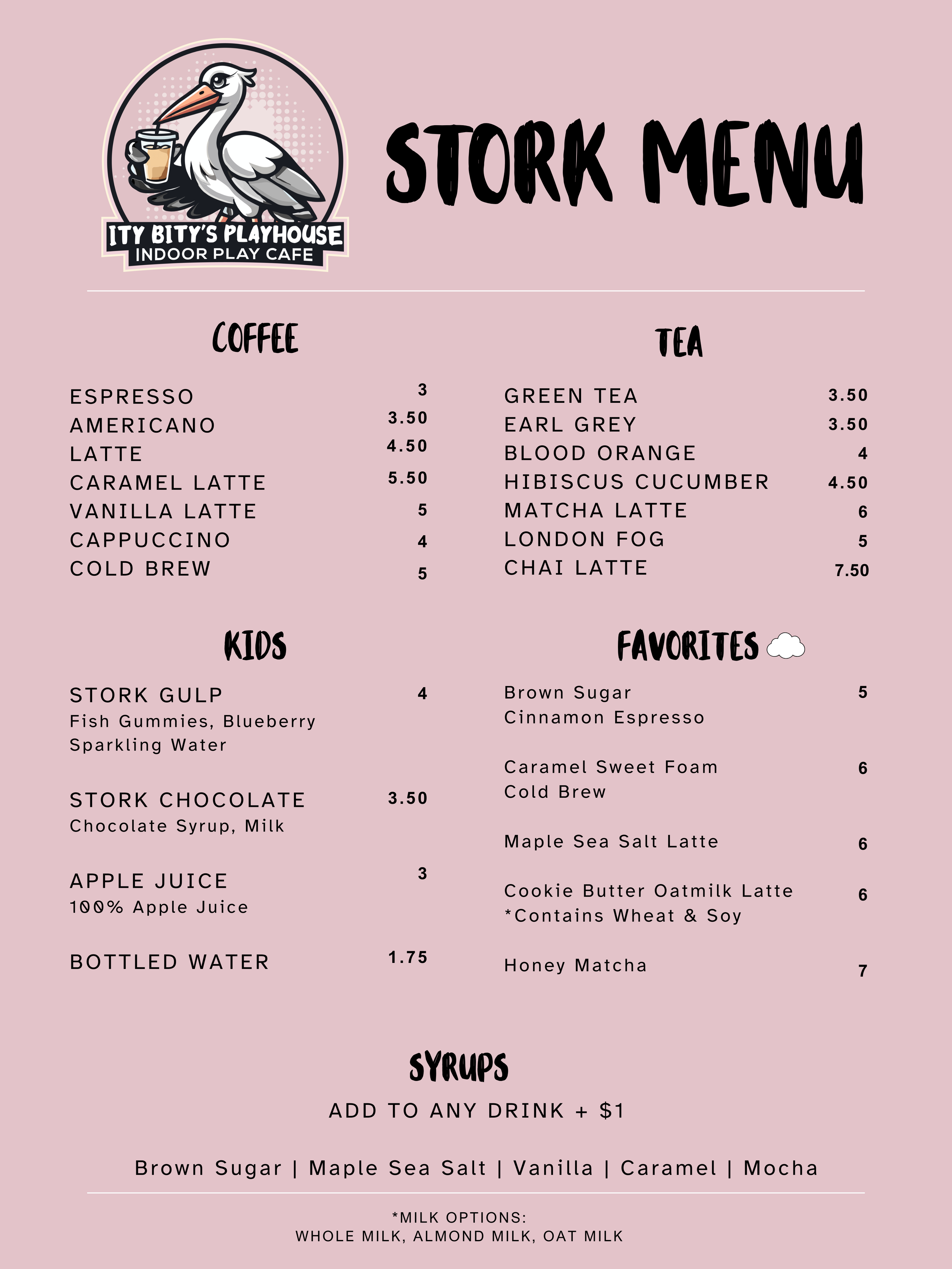 Ity Bitys Playhouse Coffee & Tea Menu for Cafe Avon Ohio