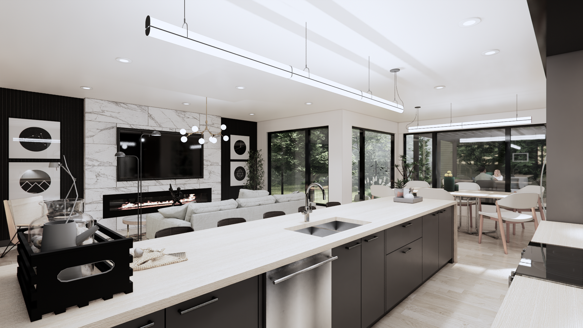 Open concept living room and kitchen with modern decor, large windows overlooking a backyard, fireplace, and dining area with seating.