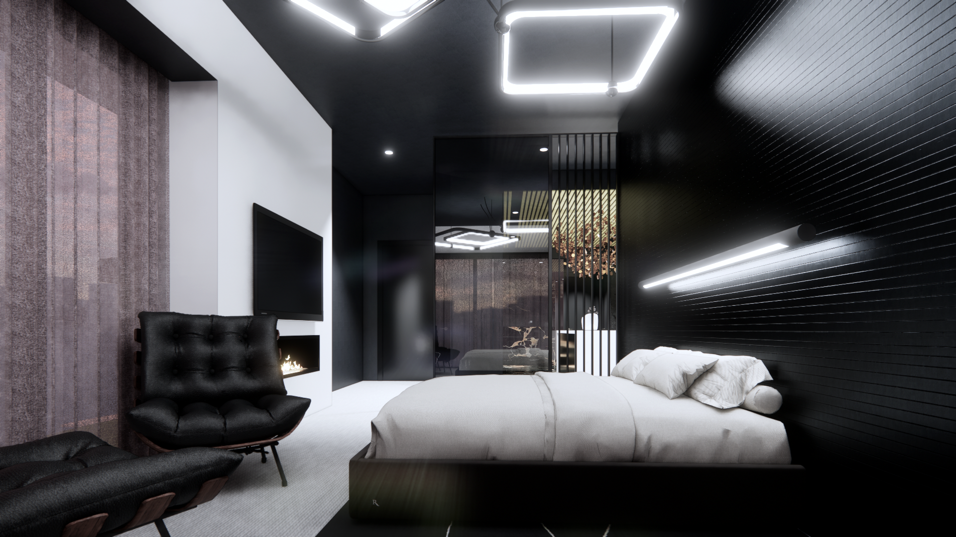 Modern bedroom with black and white walls, gray bedding, black leather chair, window with blackout curtains, and stylish lighting fixtures.