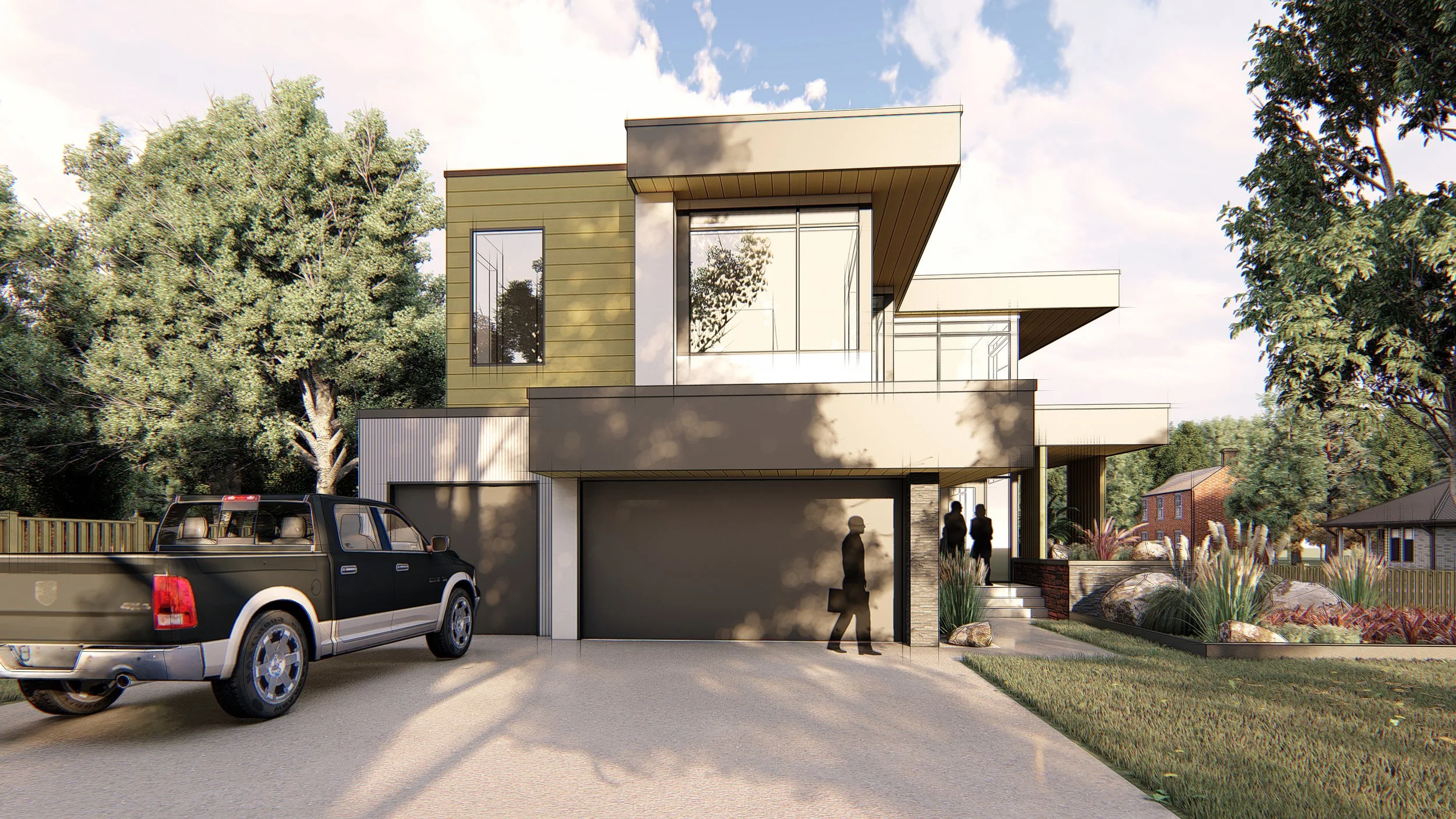 Modern two-story house with a garage, surrounded by trees and landscaped yard, with two people standing on the balcony and one person walking on the driveway.
