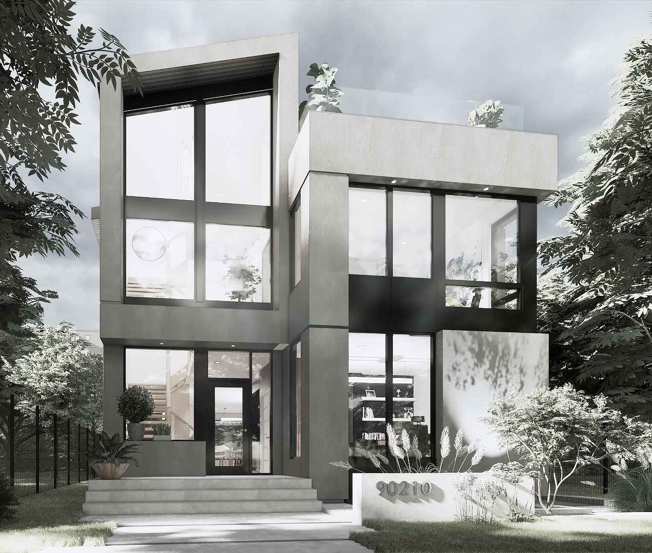 Modern three-story house with large glass windows, concrete exterior, front steps, surrounded by greenery, with the address 90210 displayed on a planter