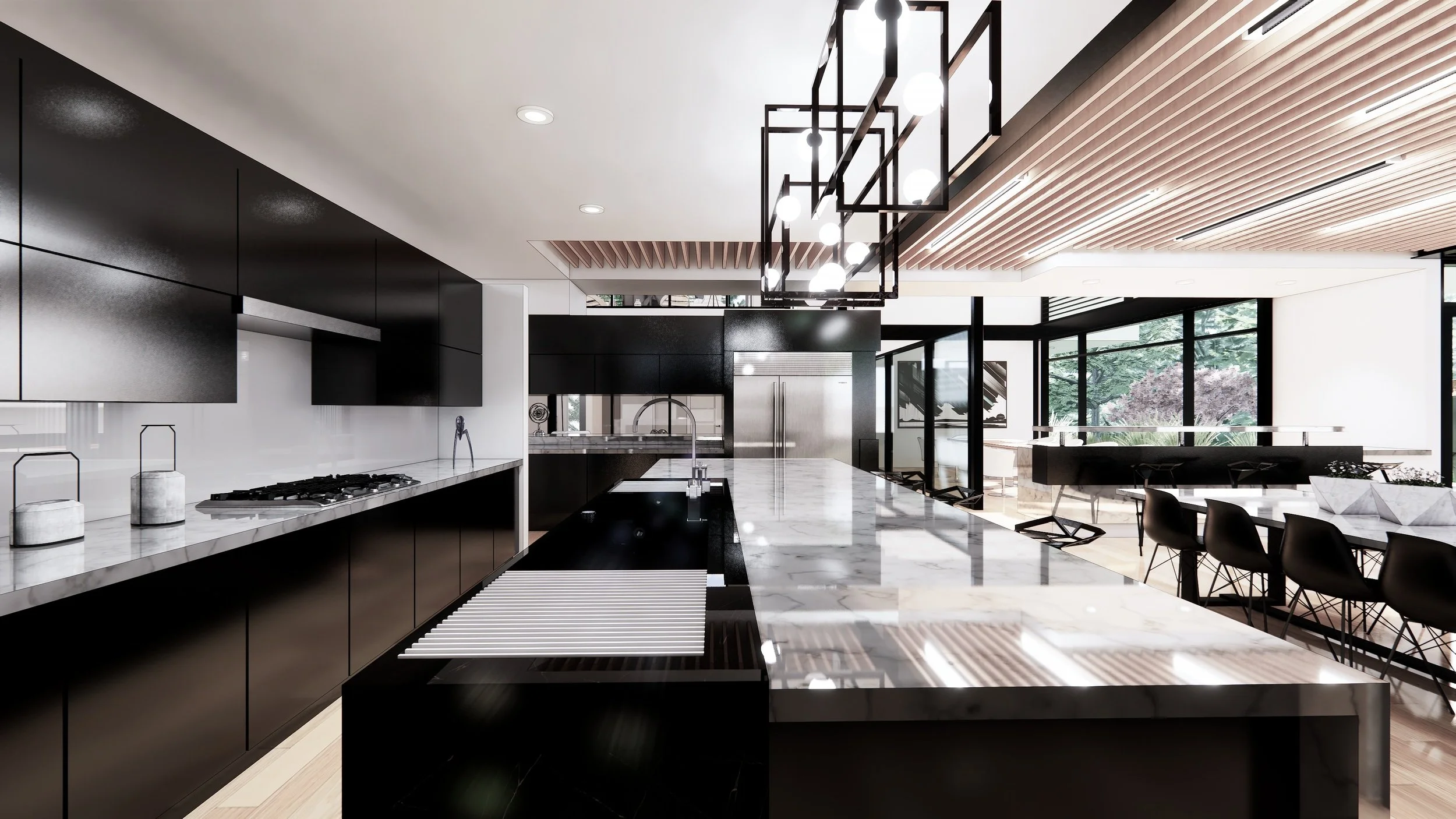 Modern kitchen with black and white cabinetry, marble countertops, and an open dining area with large windows and outdoor greenery.