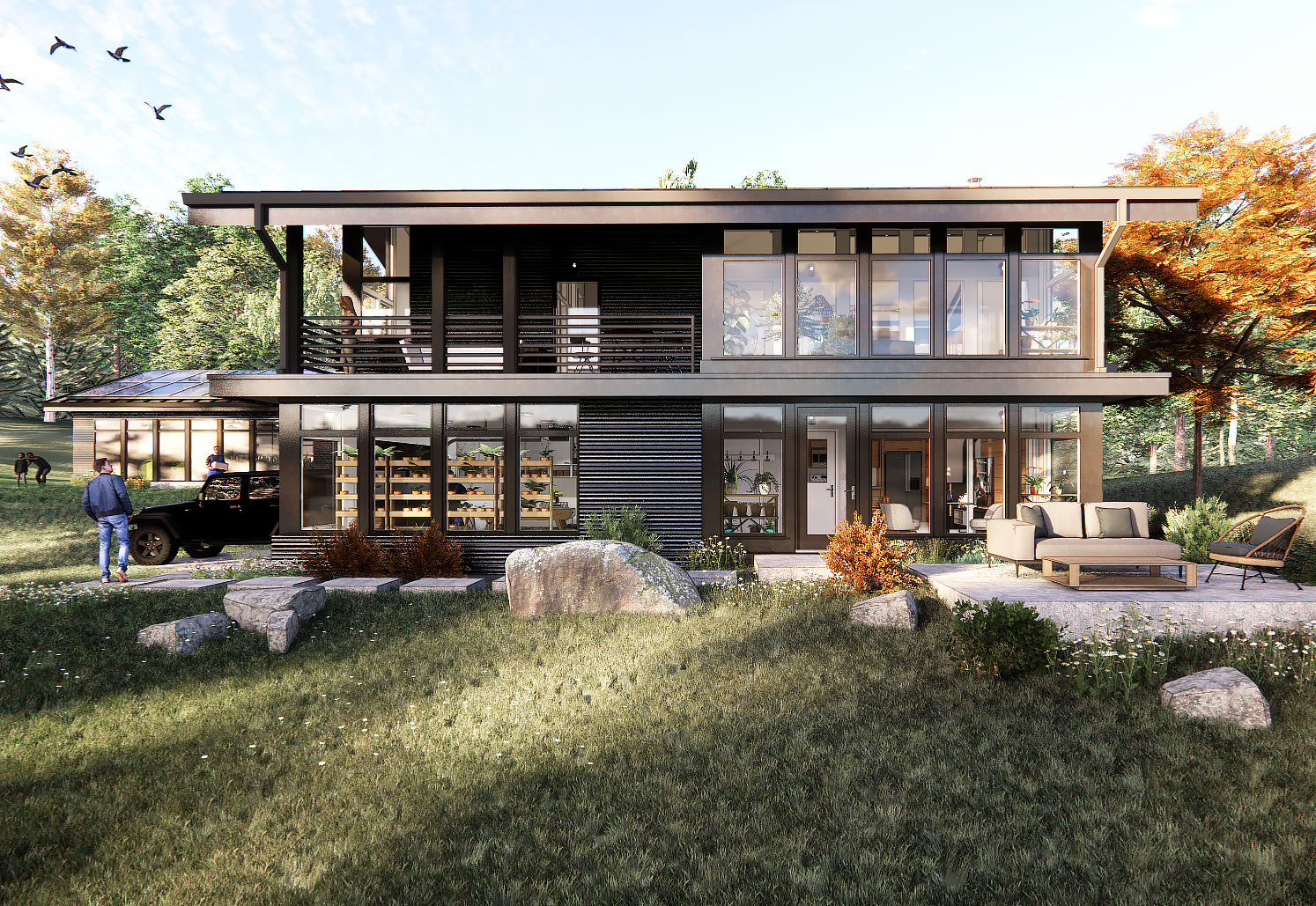 Modern two-story house with large glass windows, outdoor seating area, and surrounding trees.