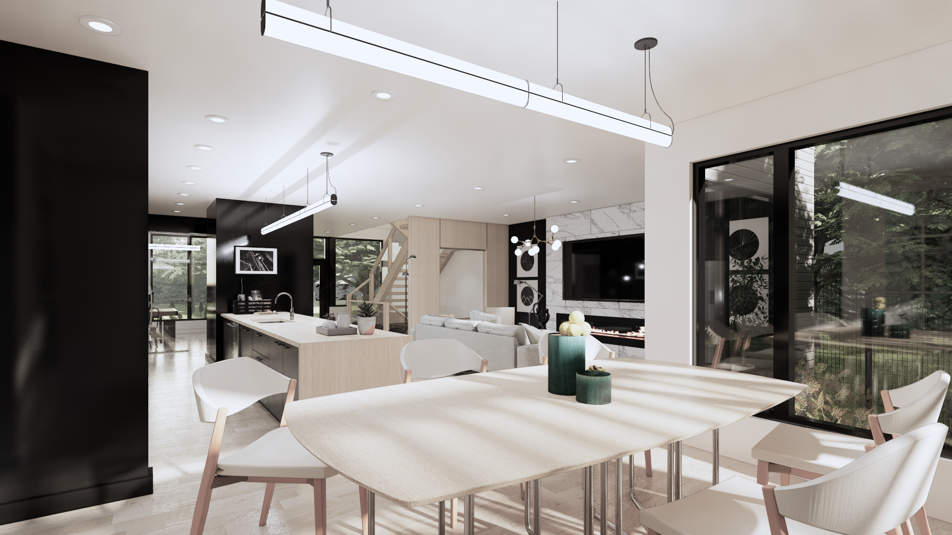 Modern open-plan living and dining area with large windows, white walls, light wood flooring, and contemporary furniture including a dining table with chairs, a kitchen island, and a seating area with TV and fireplace.