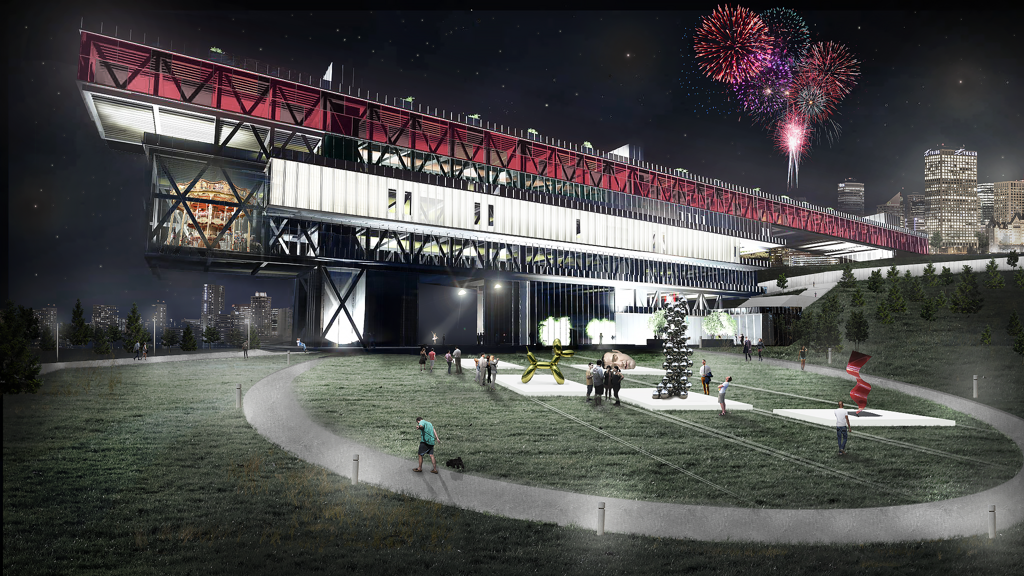 Night view of a modern multi-story building with an outdoor lawn, sculptures, and fireworks in the sky.