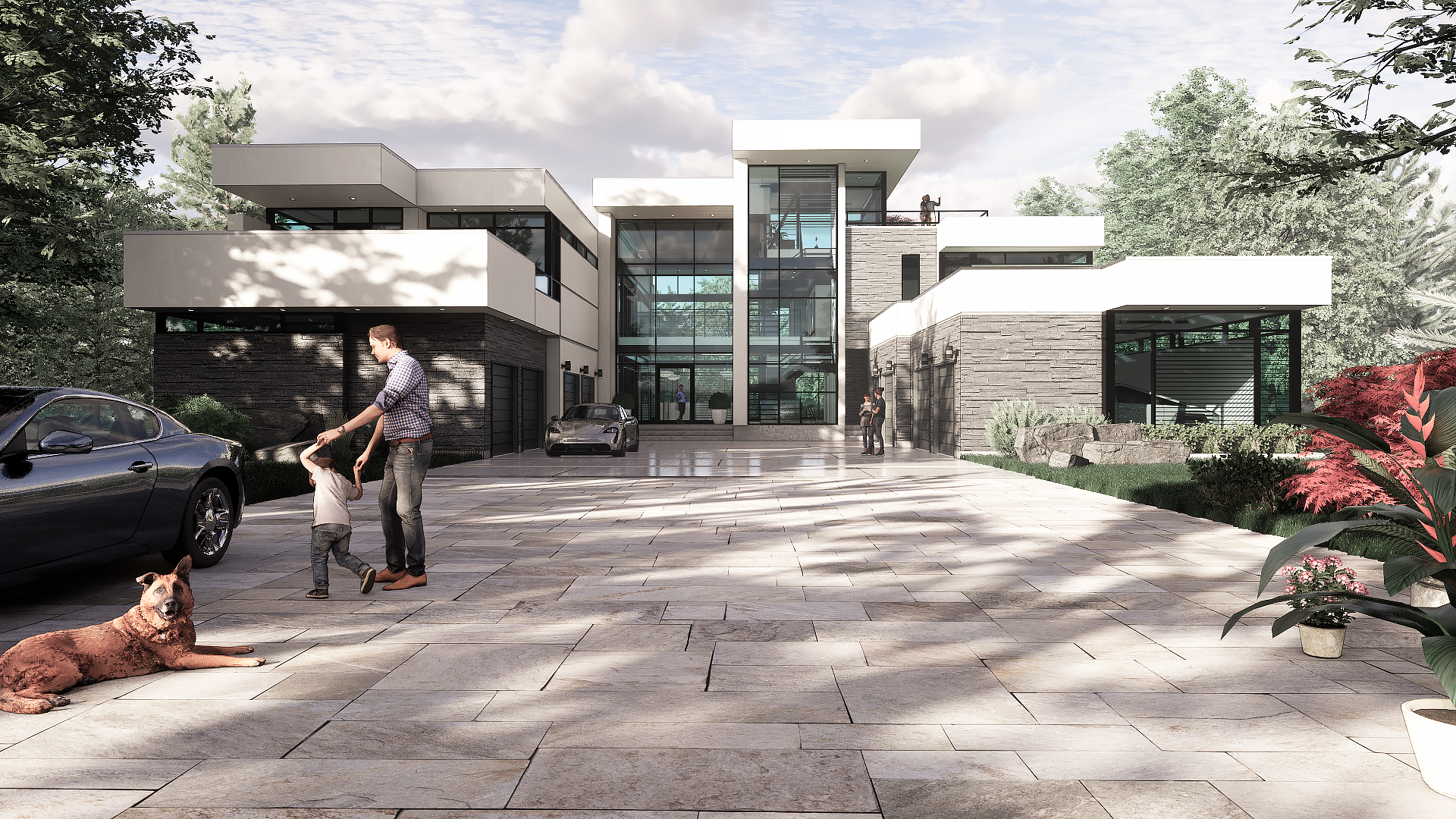 Modern house with large glass windows and multiple levels, surrounded by trees and greenery. A man and child are in the driveway, with a dog lying on the ground nearby. Cars are parked near the house, and a person is on the balcony.