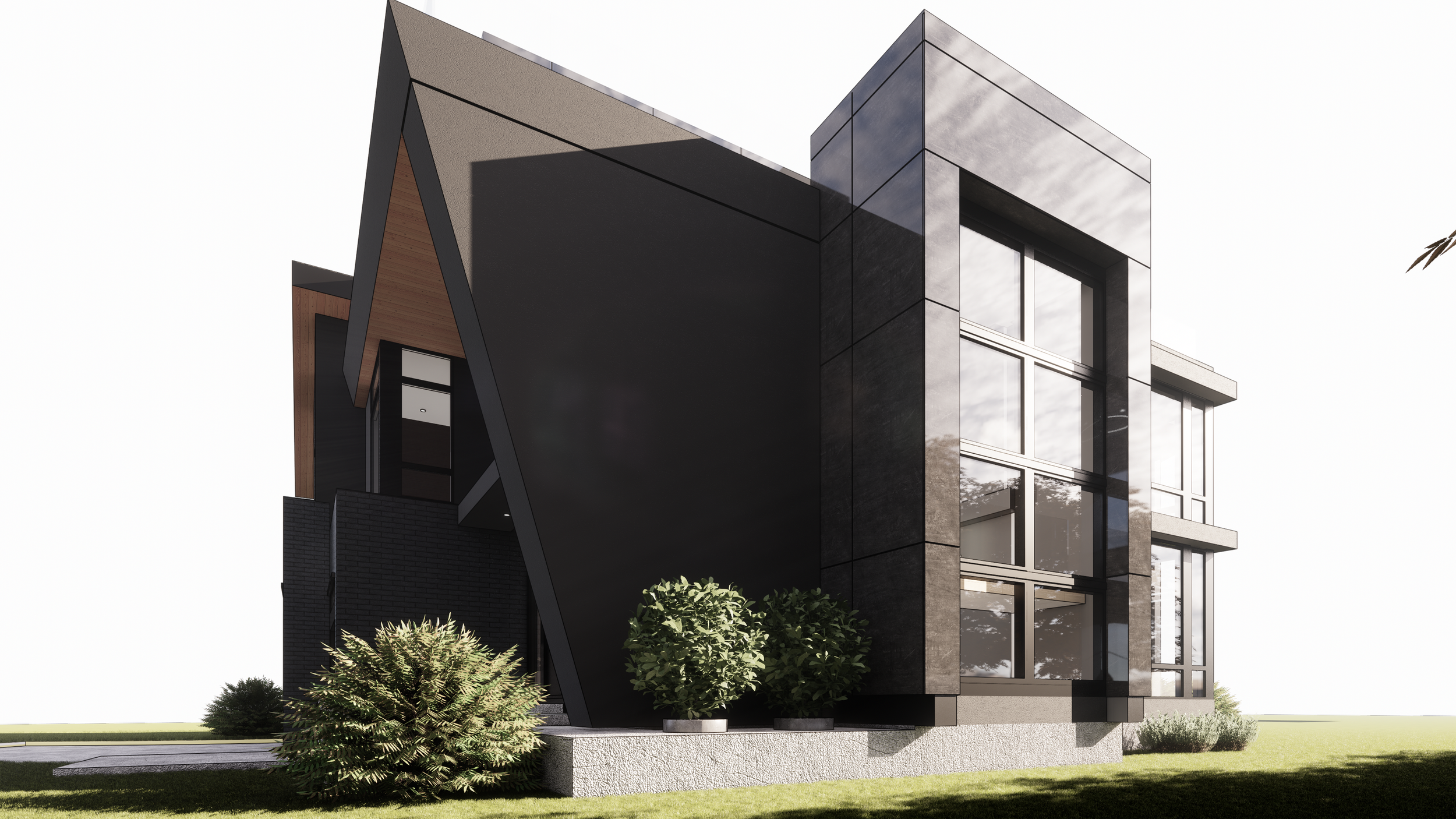 Modern multi-story house with black exterior walls, large glass windows, and a geometric design with sloped and flat roof sections, surrounded by green grass and shrubbery.