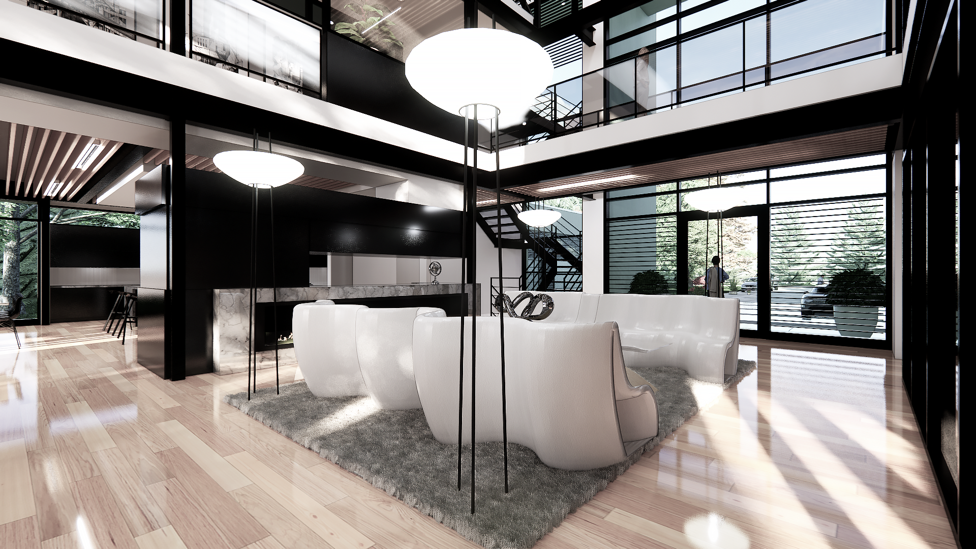 Modern interior of a spacious lobby with white curved sofas, wooden flooring, large glass windows, and black framing, daylight streaming through.