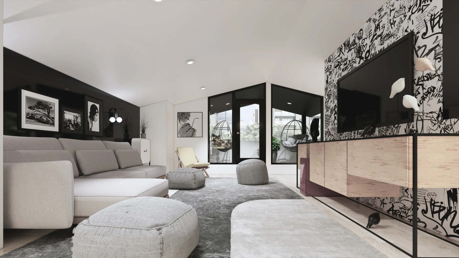 Modern living room with beige couch, gray ottoman, hanging chairs near glass doors, dark accent wall with black and white photographs, patterned wall behind flat-screen TV, and minimalist decor.
