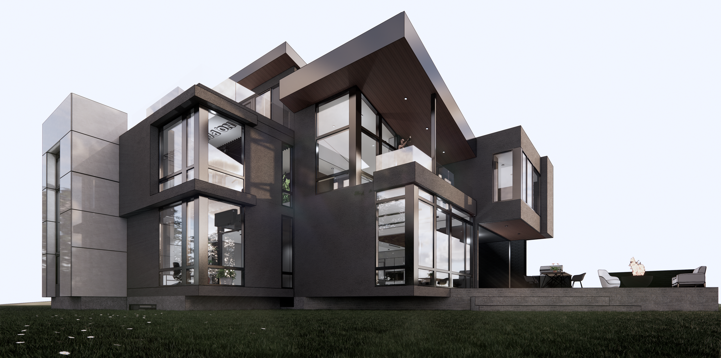Modern multi-story house with large glass windows and outdoor patio furniture