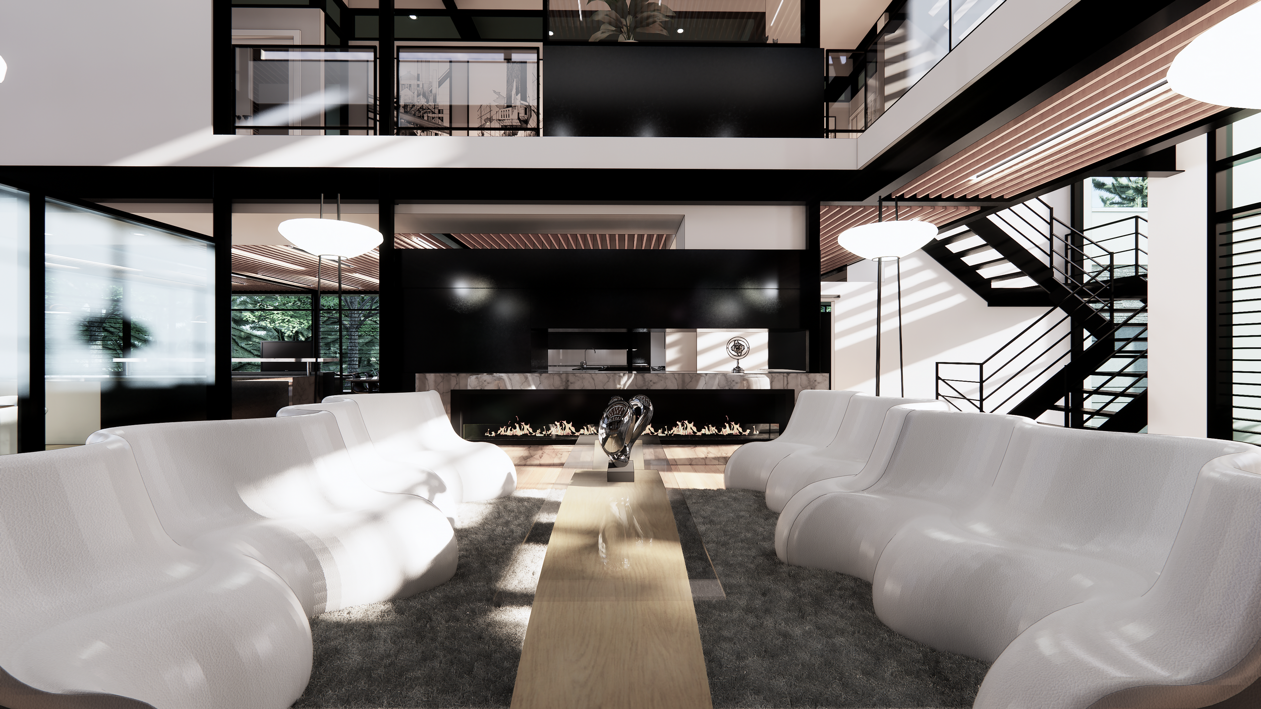 Modern living room with white curved sofas, a rectangular wooden coffee table, a fireplace, black accents, and floor-to-ceiling windows with views of trees outside, featuring a multilevel open design with a staircase.