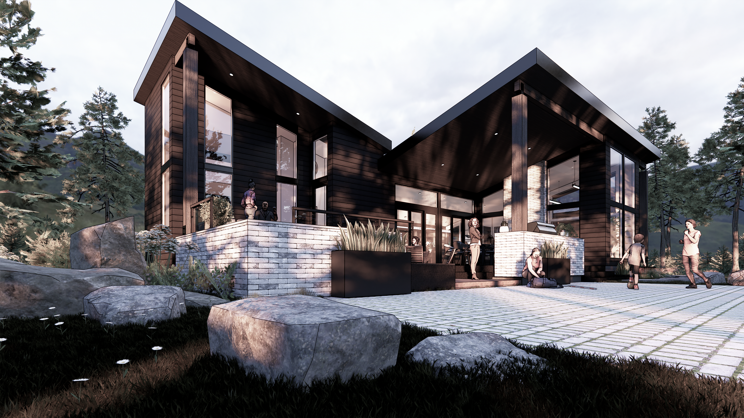 Modern alpine cottage with large windows, surrounded by trees, with people on the porch and lawn, rocks in foreground.